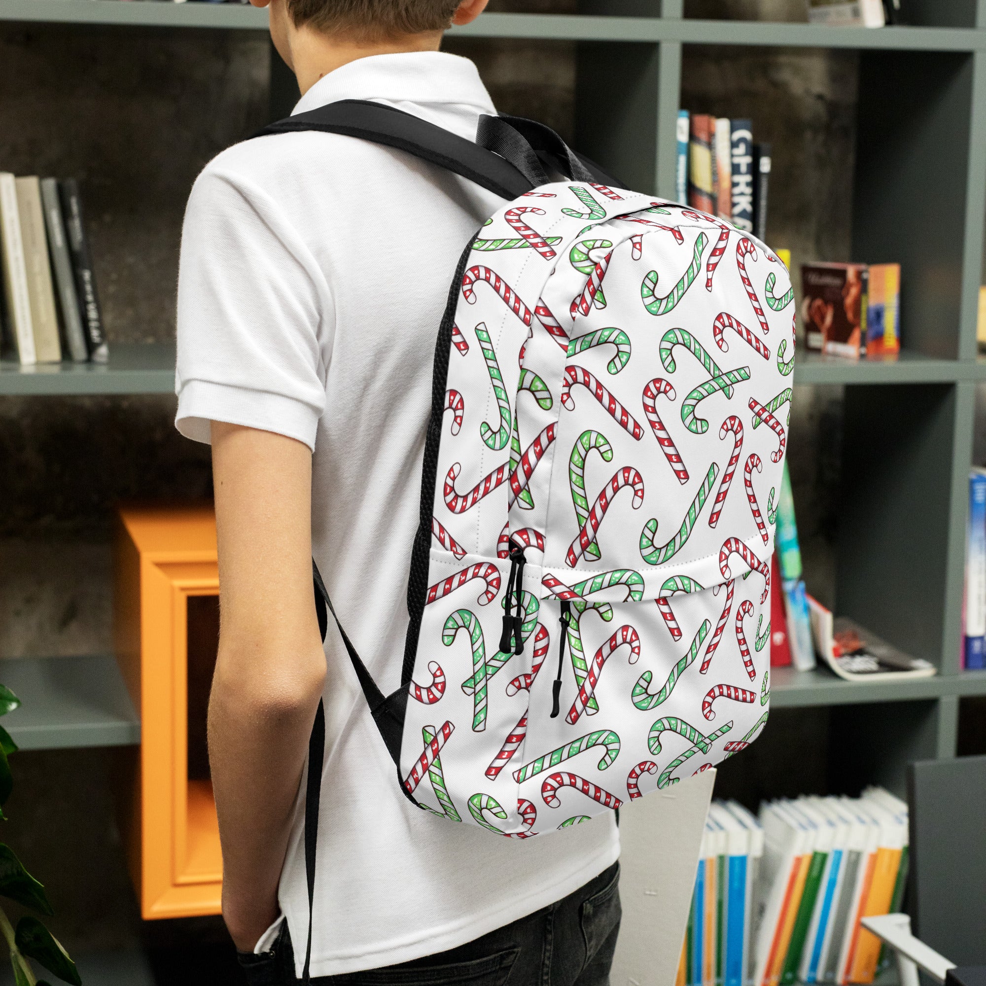 Kids Red & Green Candy Cane Christmas Backpack - Water-Resistant School Bag With Adjustable Padded Straps & Breathable Mesh Back