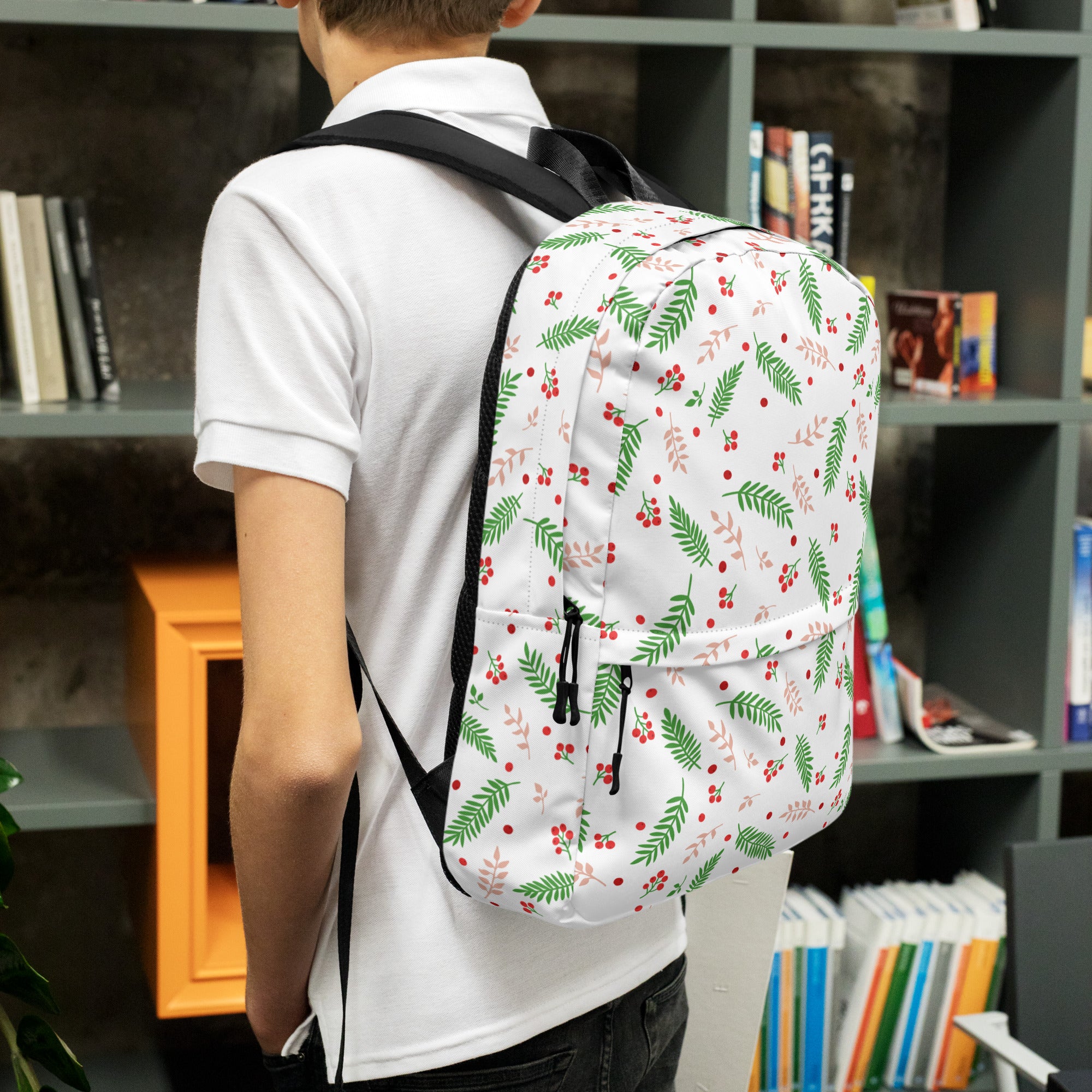 Kids Christmas Holly Leaves Backpack - Water-Resistant School Bag With Adjustable Padded Straps & Breathable Mesh Back