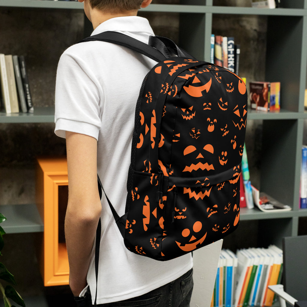 Kids Orange Jack-O’-Lantern Halloween Backpack - Water-Resistant School Bag With Adjustable Padded Straps & Breathable Mesh Back