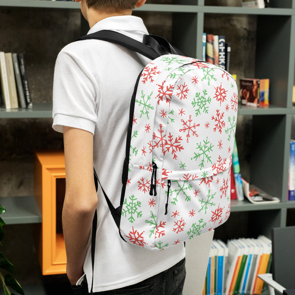 Kids Red and Green Holiday Snowflake Backpack - Water-Resistant School Bag With Adjustable Padded Straps & Breathable Mesh Back