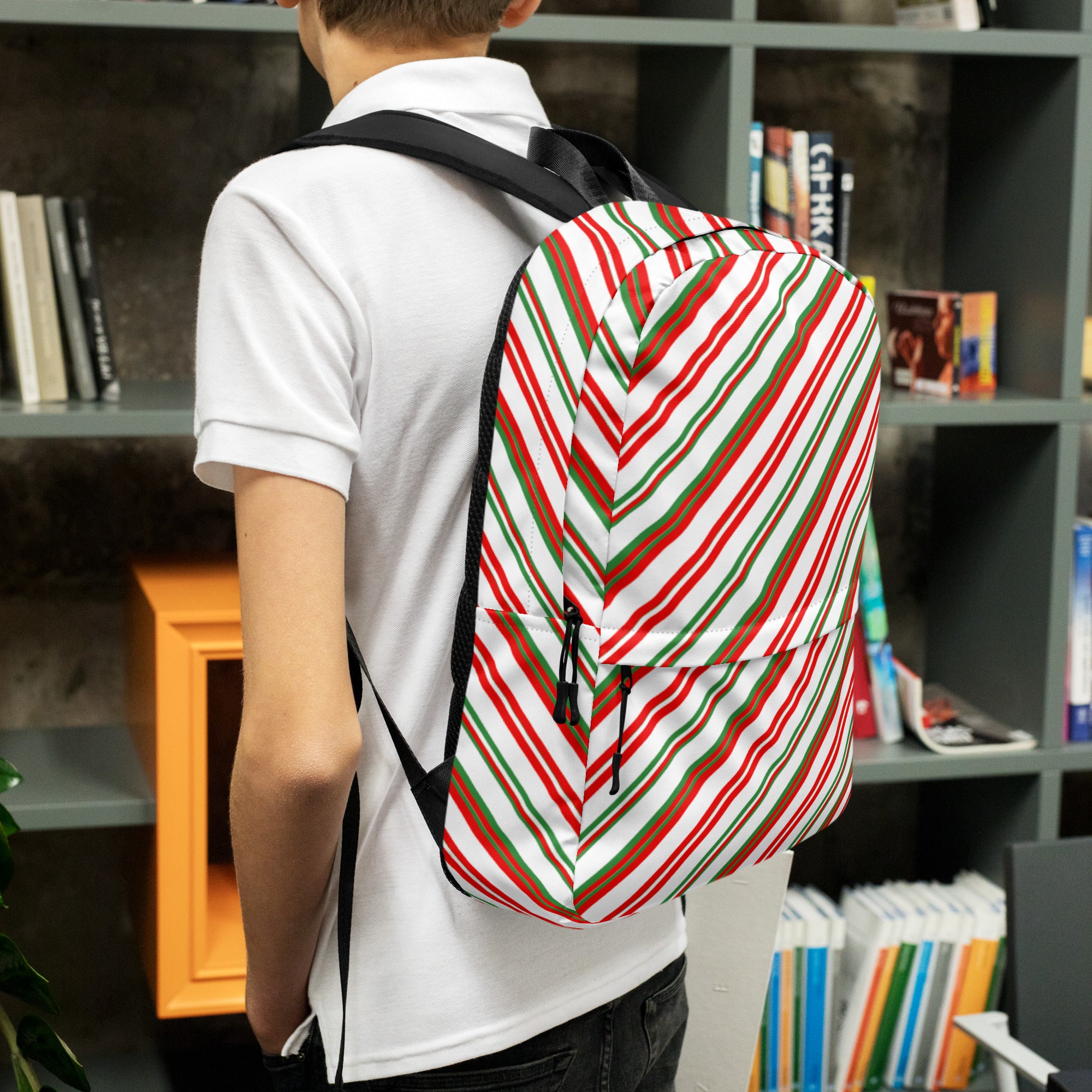 Kids Striped Peppermint Candy Cane Backpack - Water-Resistant School Bag With Adjustable Padded Straps & Breathable Mesh Back