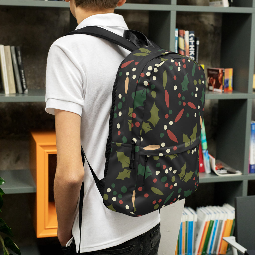 Kids Festive Christmas Holly Backpack - Water-Resistant School Bag With Adjustable Padded Straps & Breathable Mesh Back