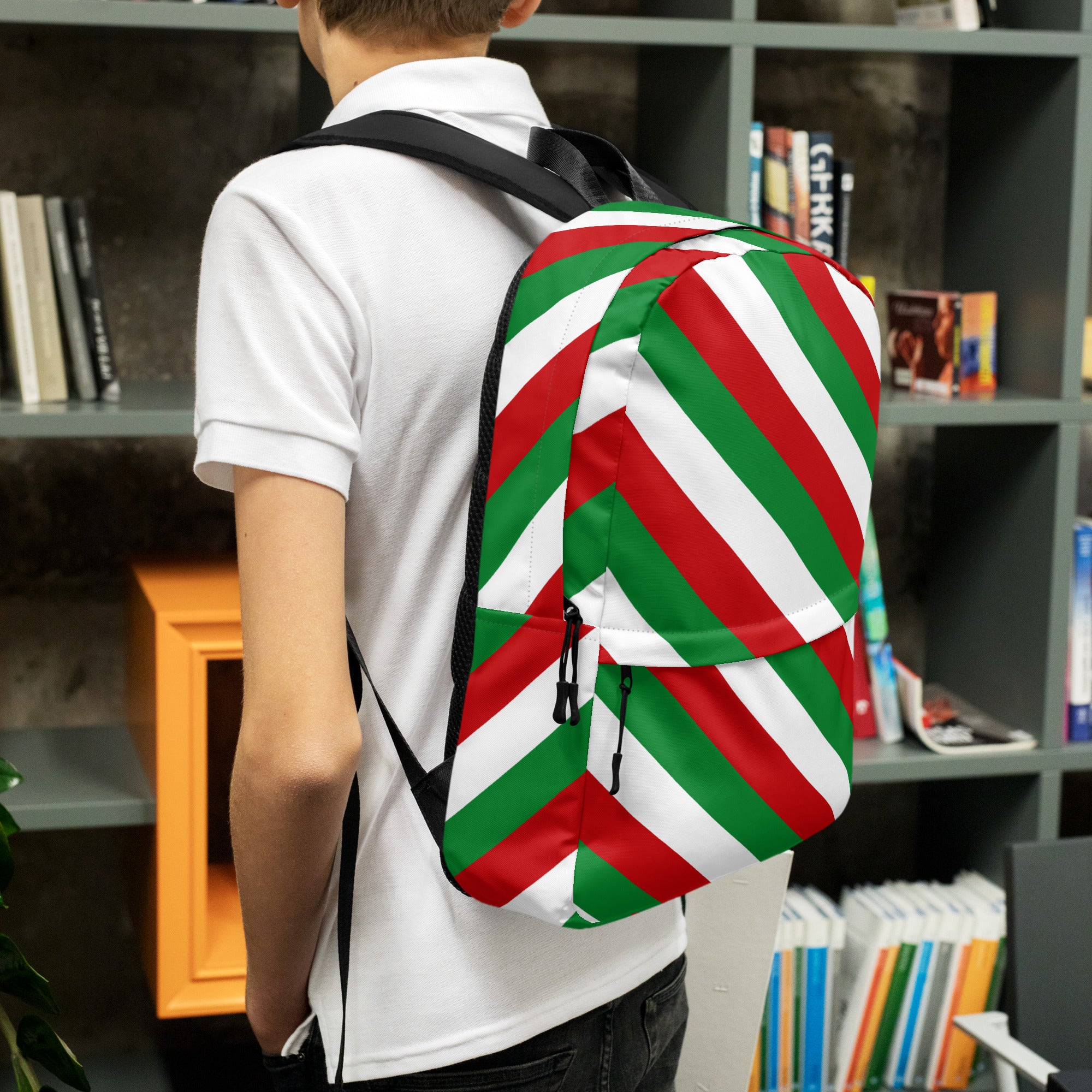 Kids Christmas Candy Cane Stripe Backpack - Water-Resistant School Bag With Adjustable Padded Straps & Breathable Mesh Back
