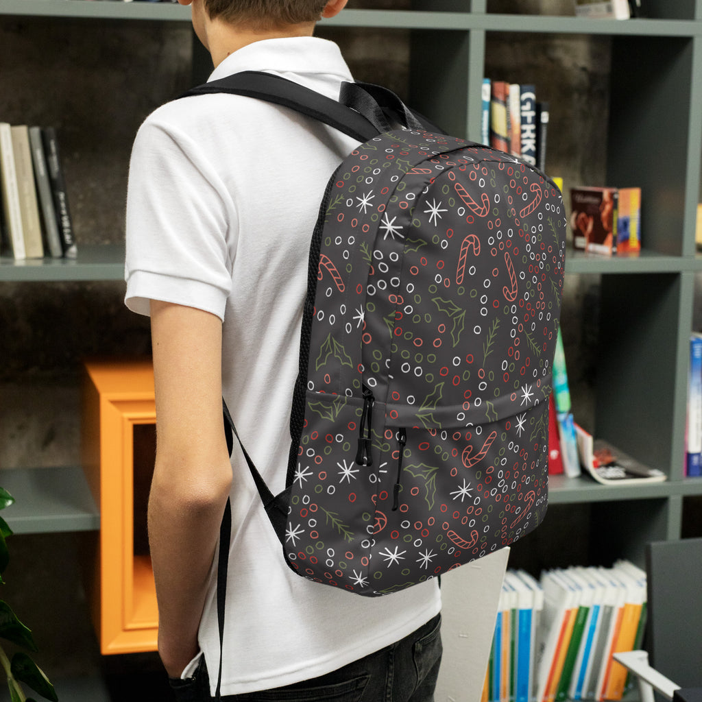 Kids Candy Cane Holly Christmas Backpack - Water-Resistant School Bag With Adjustable Padded Straps & Breathable Mesh Back