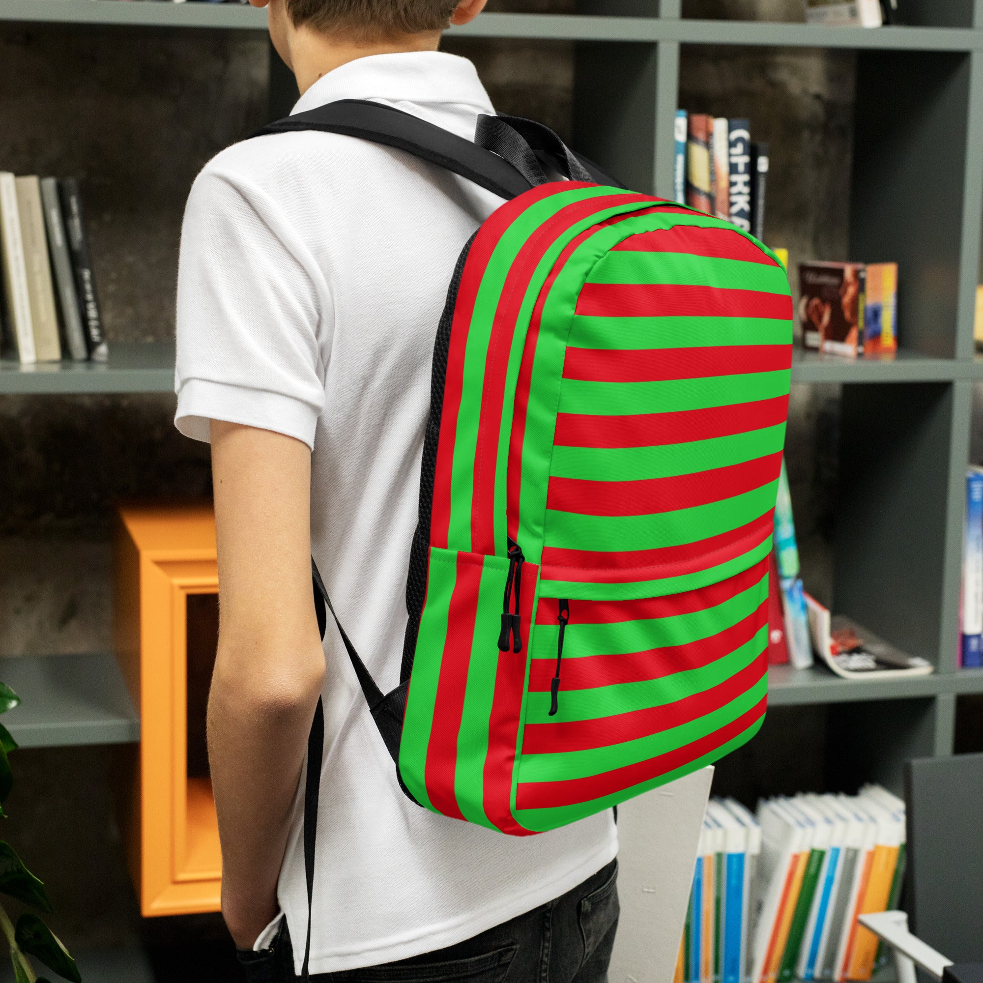 Kids Striped Red & Green Christmas Backpack - Water-Resistant School Bag With Adjustable Padded Straps & Breathable Mesh Back