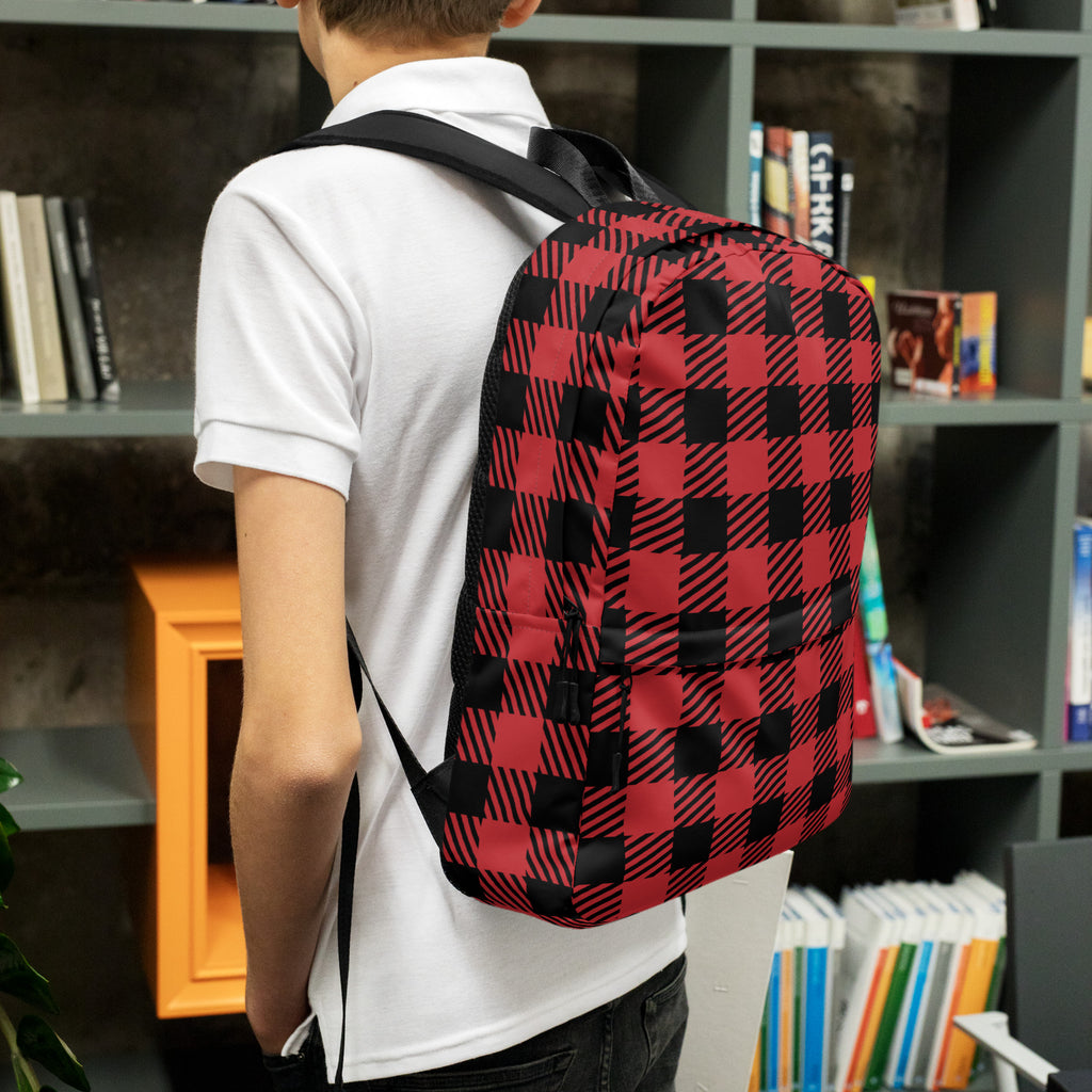Kids Red Buffalo Plaid Backpack - Water-Resistant School Bag With Adjustable Padded Straps & Breathable Mesh Back