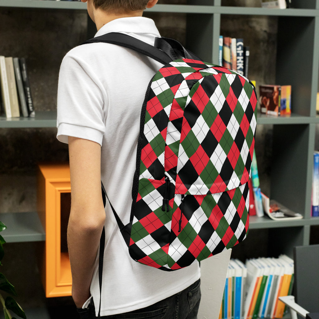 Kids Christmas Argyle Backpack - Water-Resistant School Bag With Adjustable Padded Straps & Breathable Mesh Back