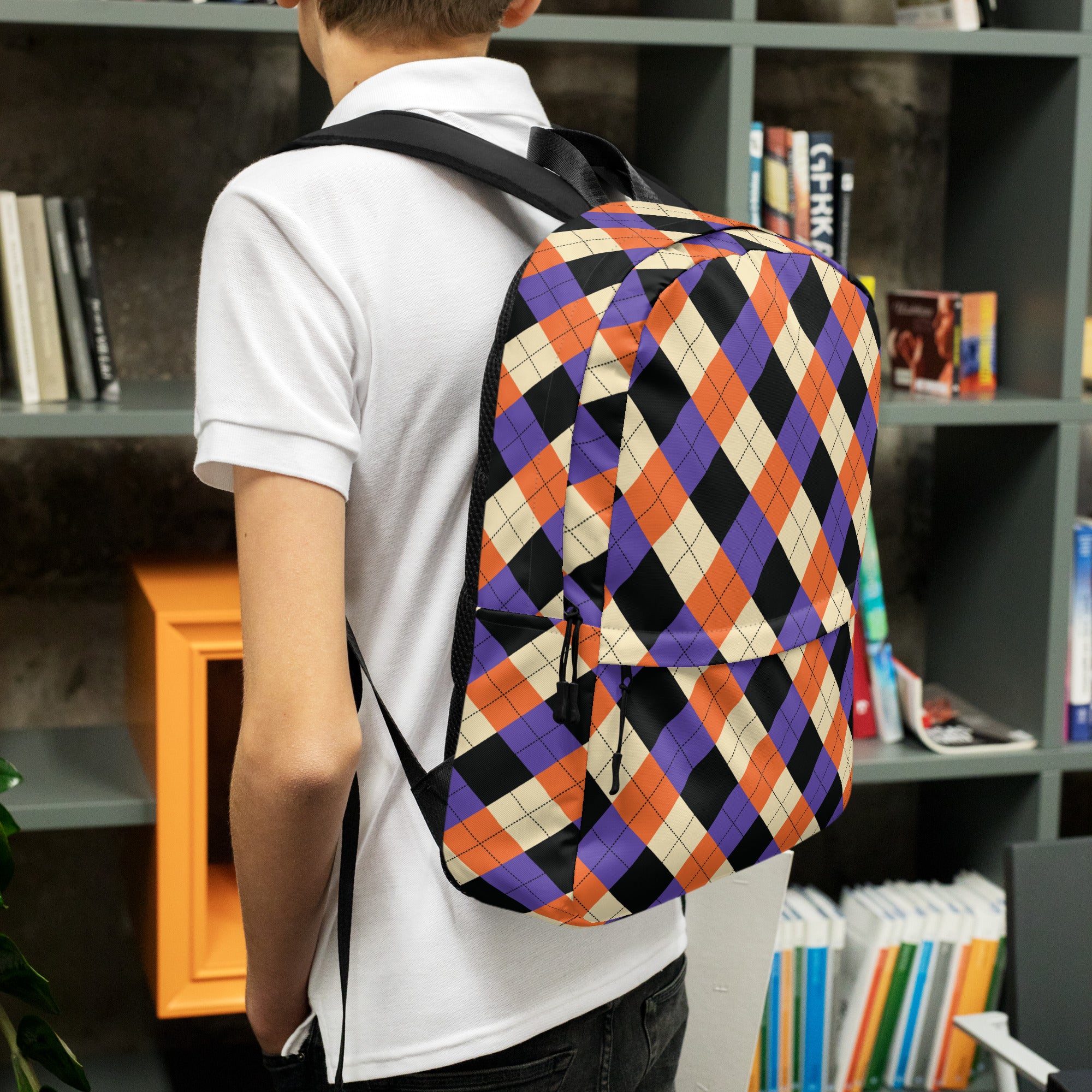 Kids Halloween Argyle Backpack - Water-Resistant School Bag With Adjustable Padded Straps & Breathable Mesh Back