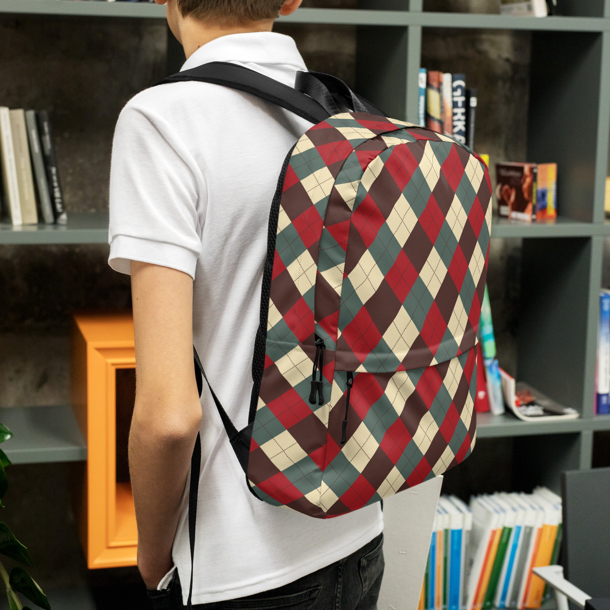 Kids Rustic Argyle Christmas Backpack - Water-Resistant School Bag With Adjustable Padded Straps & Breathable Mesh Back