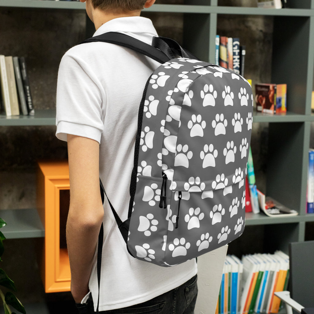 Kids Gray Paw Print Backpack - Water-Resistant School Bag With Adjustable Padded Straps & Breathable Mesh Back