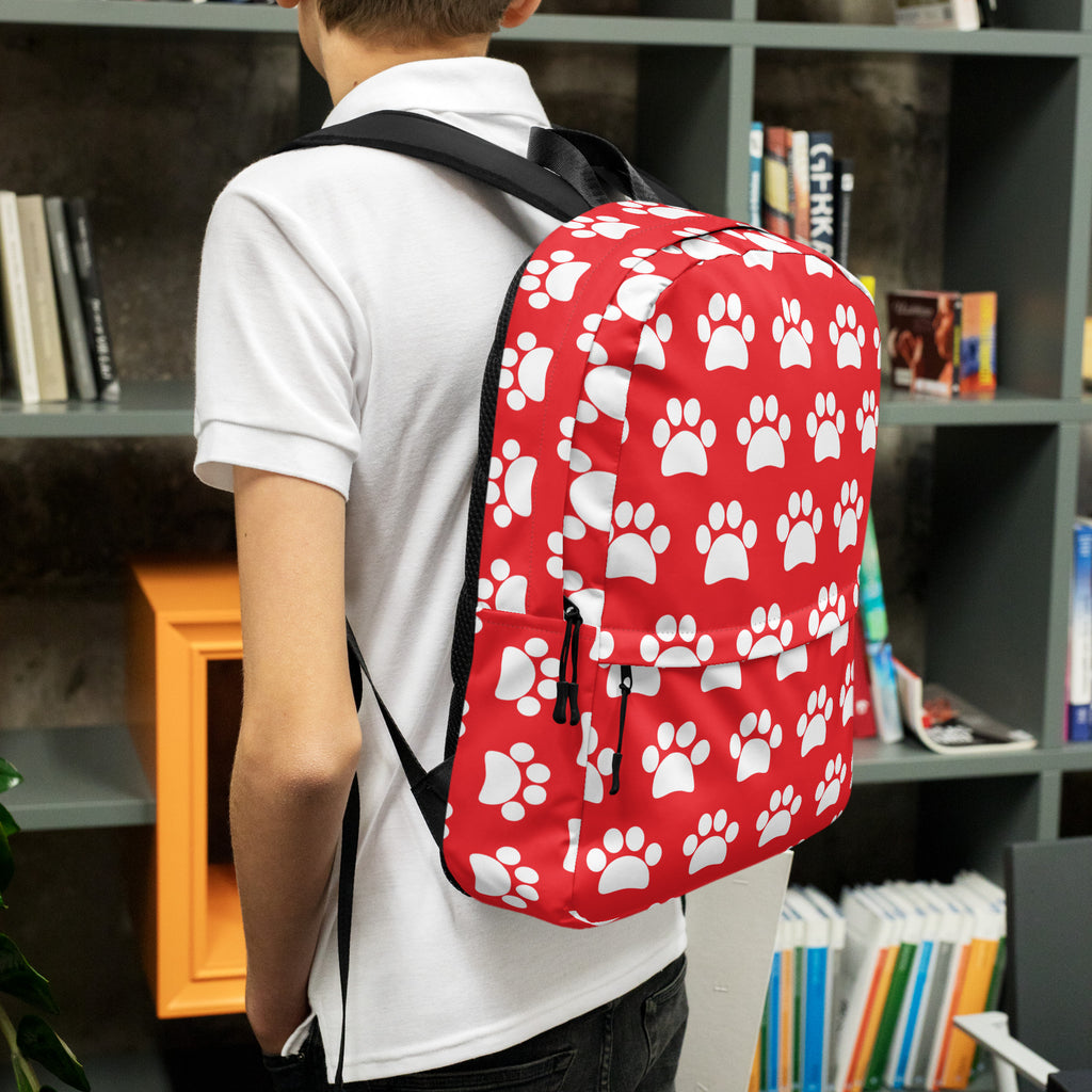 Kids Red Paw Print Backpack - Water-Resistant School Bag With Adjustable Padded Straps & Breathable Mesh Back