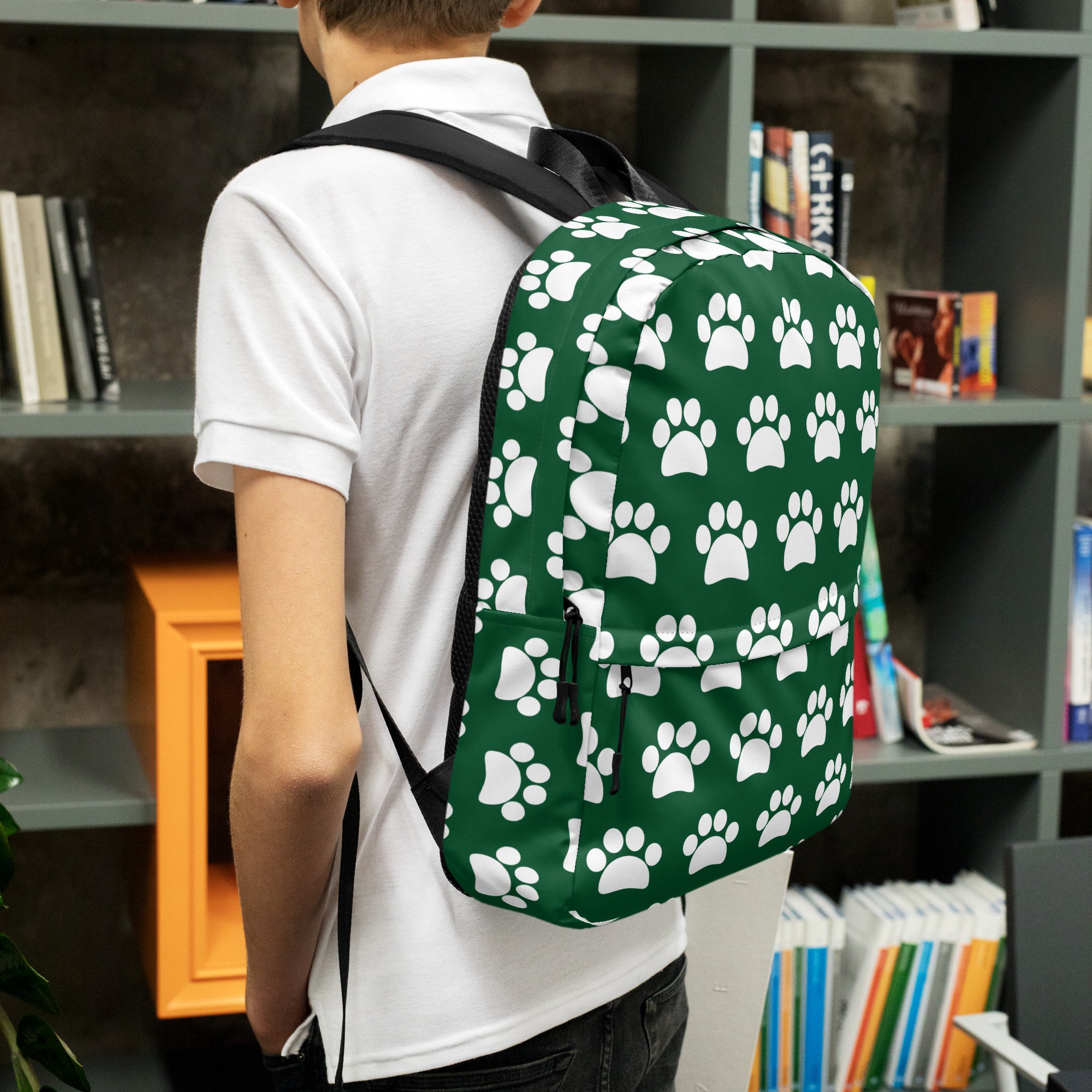 Kids Forest Green Paw Print Backpack - Water-Resistant School Bag With Adjustable Padded Straps & Breathable Mesh Back