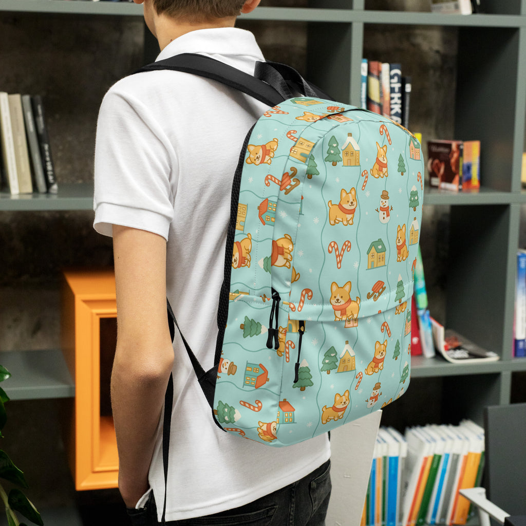 Kids Corgi Winter Winderland Backpack - Water-Resistant School Bag With Adjustable Padded Straps & Breathable Mesh Back