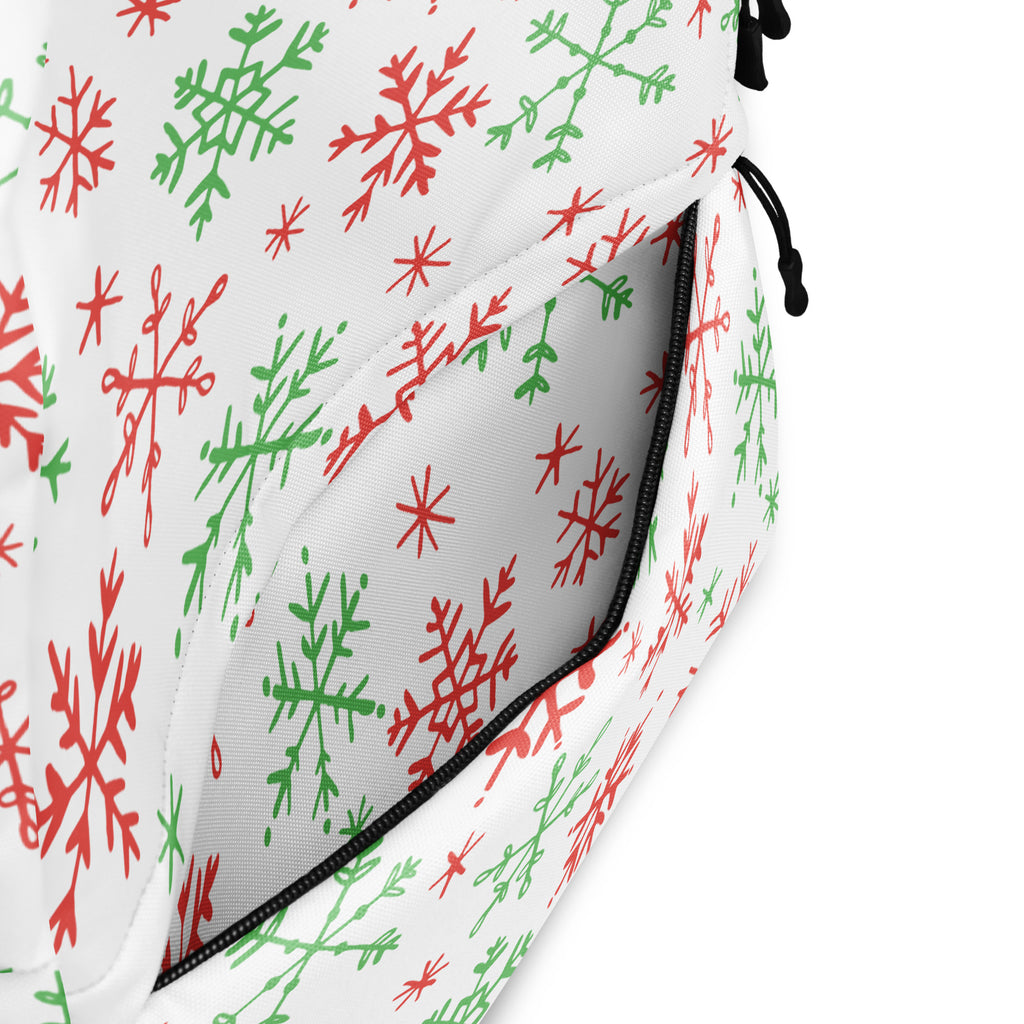 Kids Red and Green Holiday Snowflake Backpack - Water-Resistant School Bag With Adjustable Padded Straps & Breathable Mesh Back