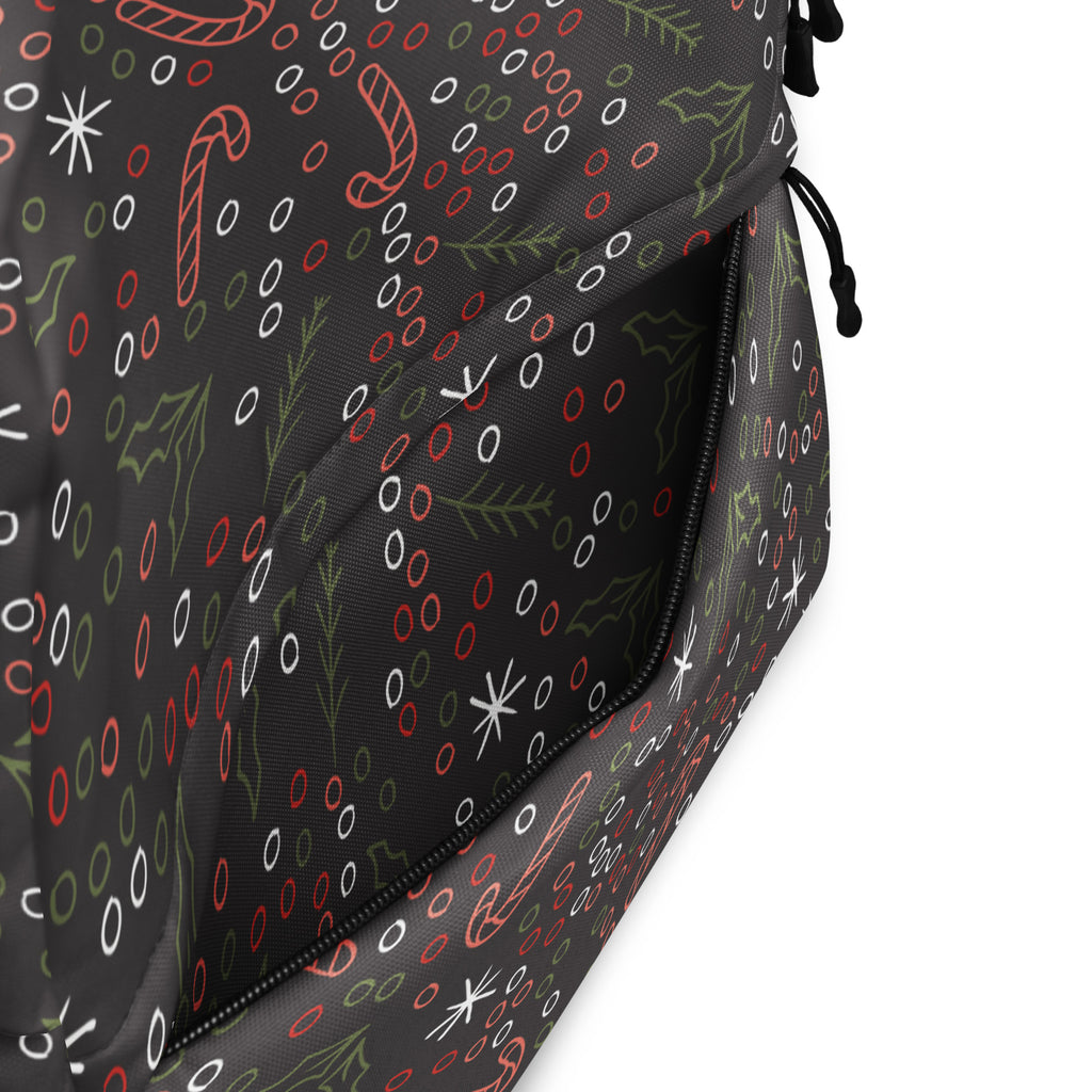 Kids Candy Cane Holly Christmas Backpack - Water-Resistant School Bag With Adjustable Padded Straps & Breathable Mesh Back