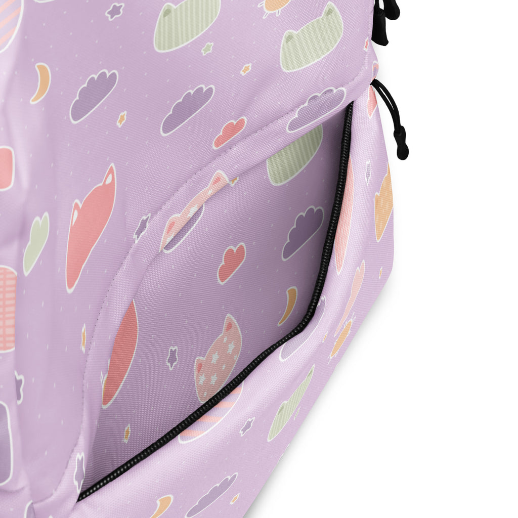 Girls Pastel Purple Kawaii Cats & Clouds Backpack - Water-Resistant School Bag With Adjustable Padded Straps & Breathable Mesh Back