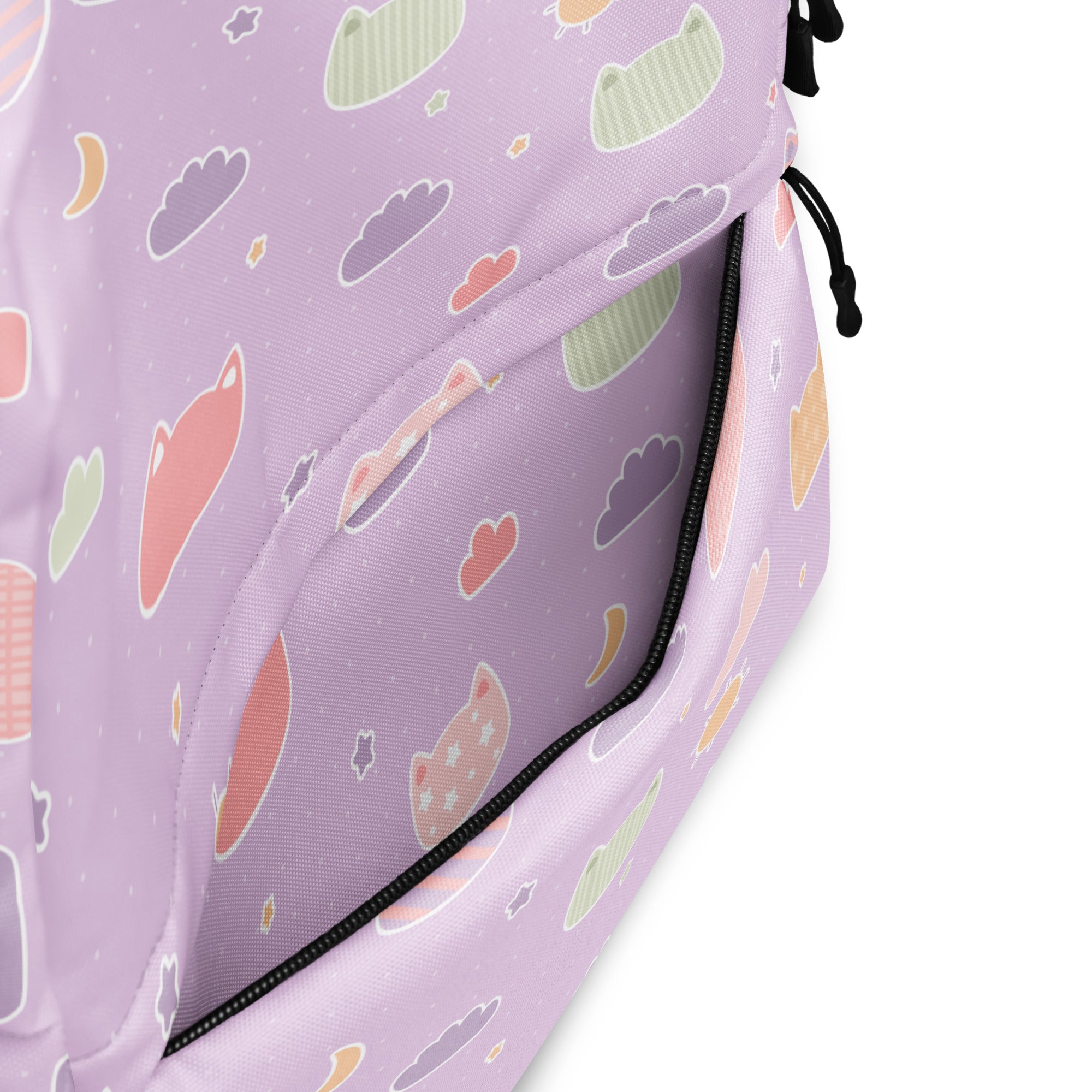 Girls Pastel Purple Kawaii Cats & Clouds Backpack - Water-Resistant School Bag With Adjustable Padded Straps & Breathable Mesh Back
