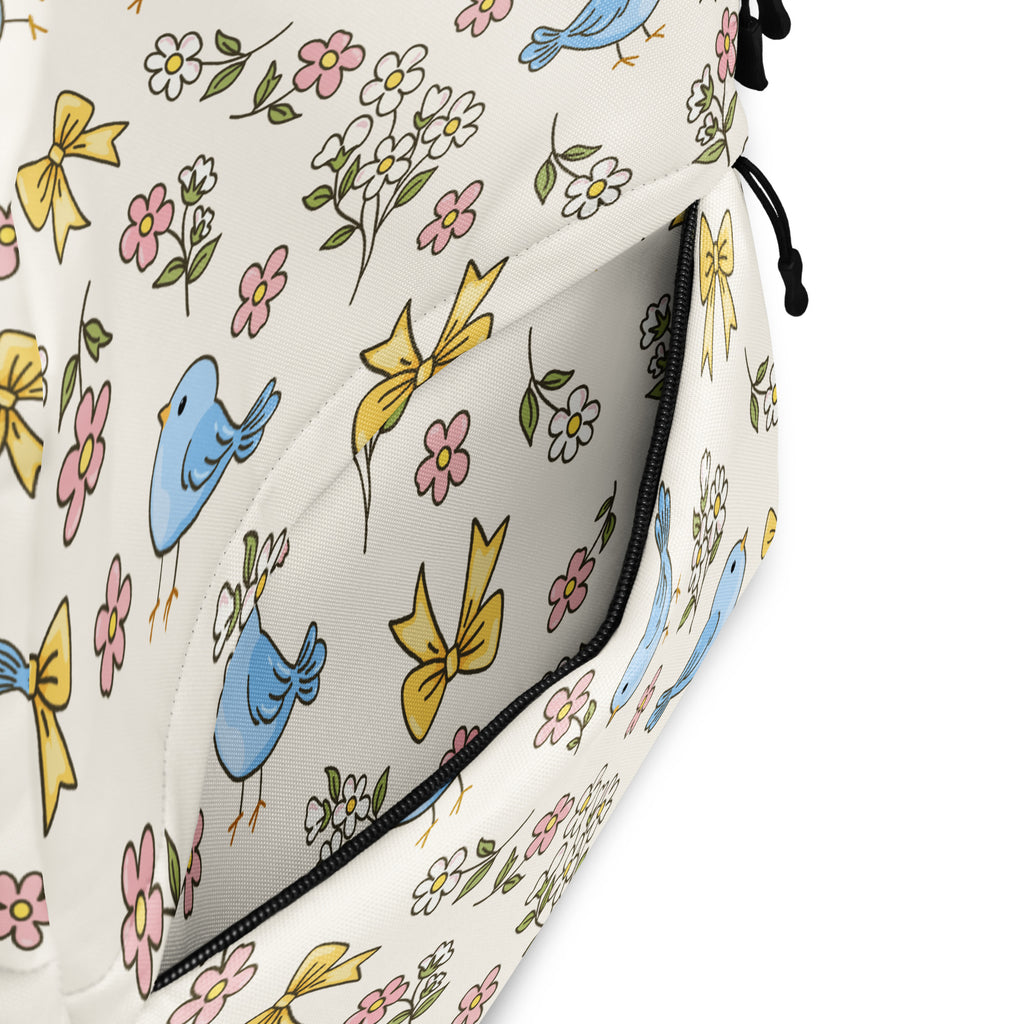 Girls Blue Bird Floral Backpack - Water-Resistant School Bag With Adjustable Padded Straps & Breathable Mesh Back