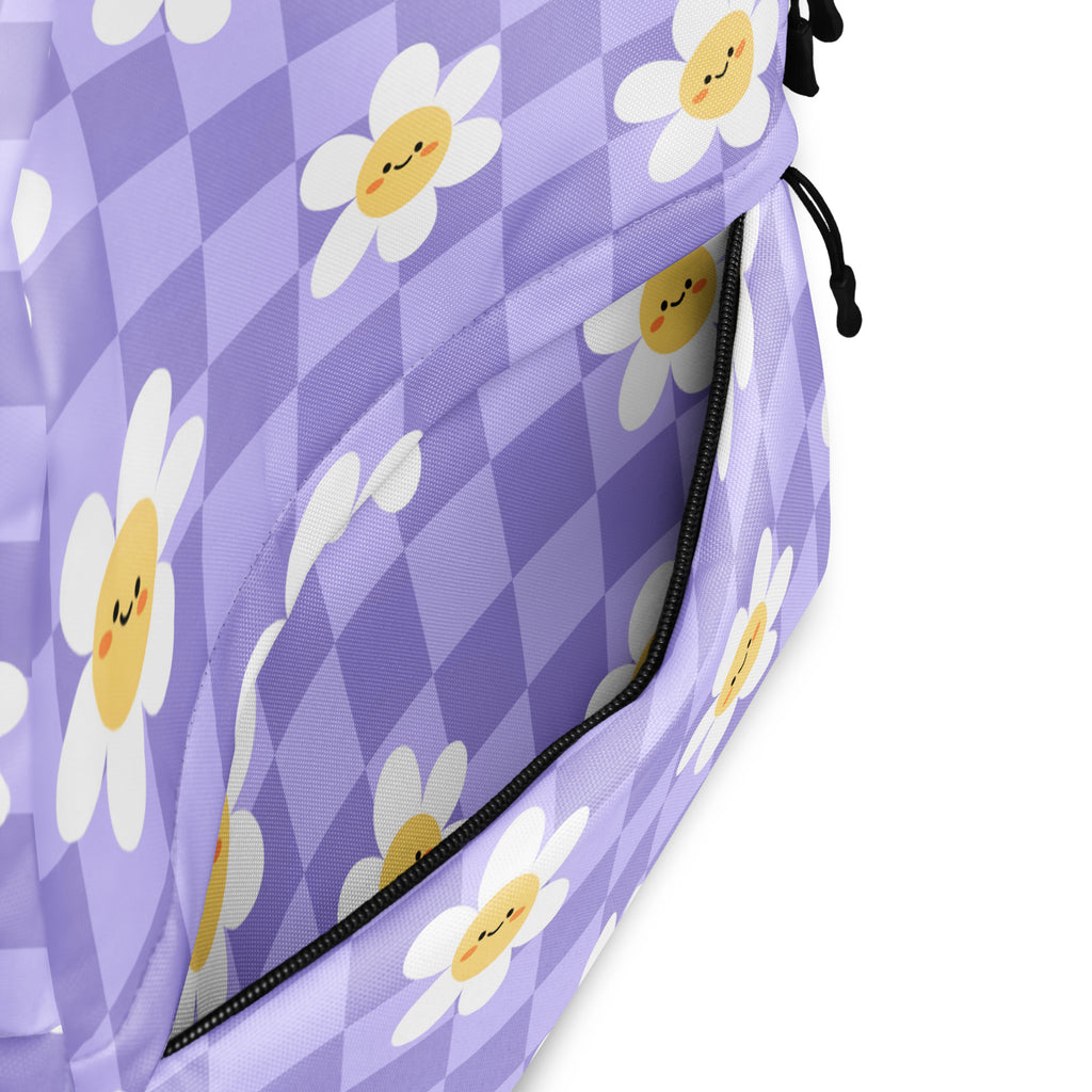 Girls Purple Daisy Checkered Backpack - Water-Resistant School Bag With Adjustable Padded Straps & Breathable Mesh Back