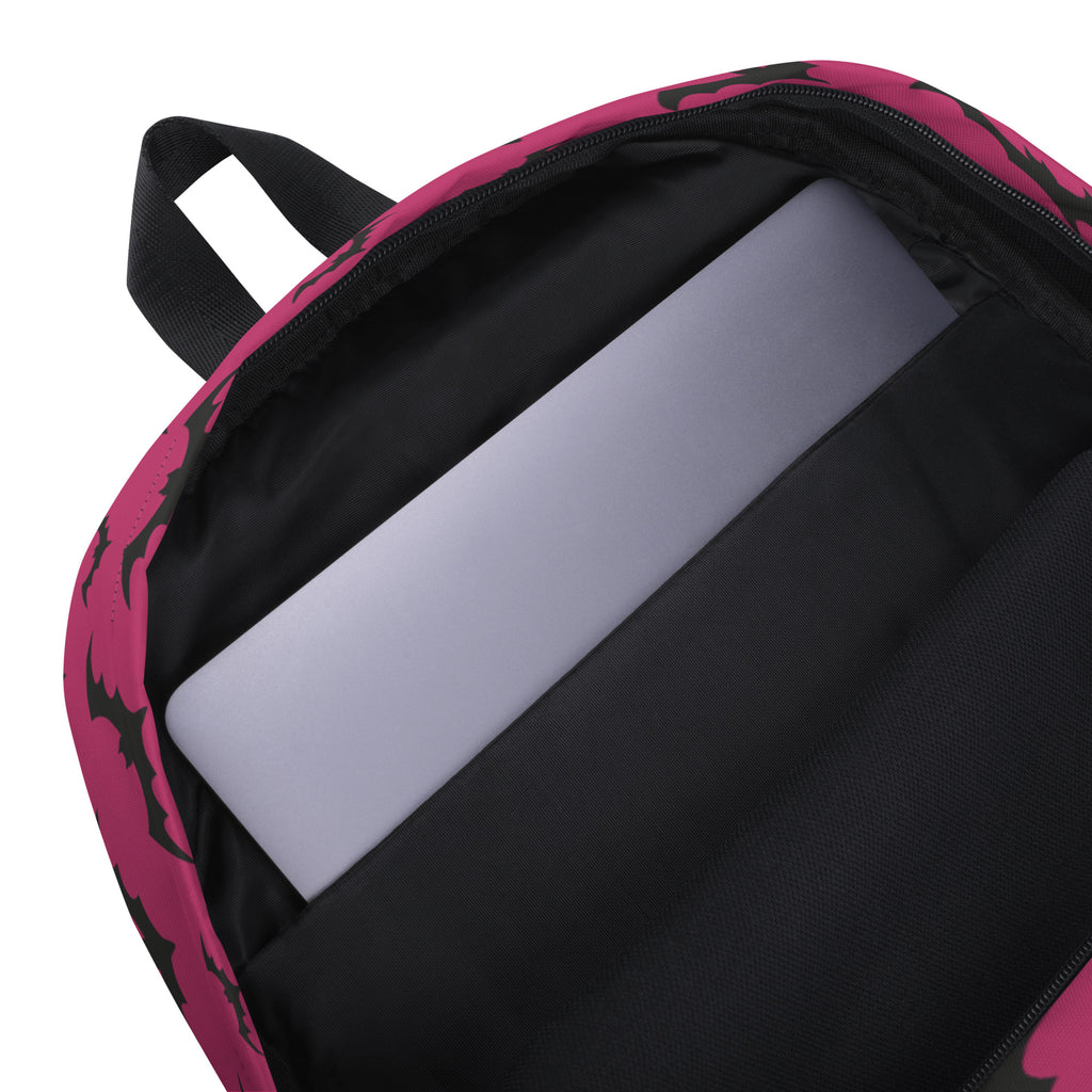 Girls Dark Pink Bats Backpack - Water-Resistant School Bag With Adjustable Padded Straps & Breathable Mesh Back