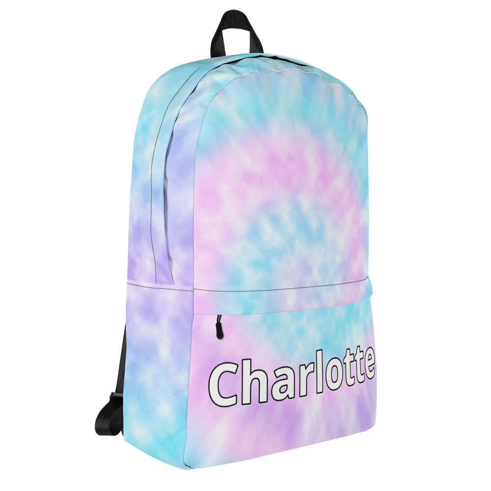 Girls custom name faux tie dye backpack with pastel tie dye print black straps and charlotte name in bold white letters