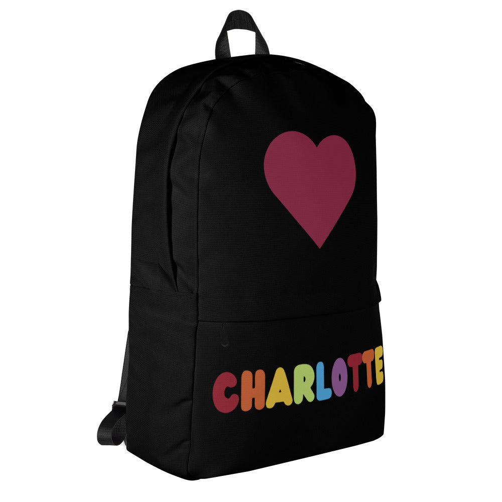 Black girls custom backpack with magenta heart and rainbow name charlotte for personalized use