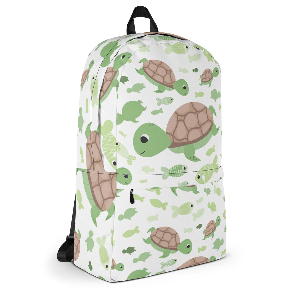 White kids sea turtles backpack with playful green and brown cartoon turtle and fish pattern on durable fabric