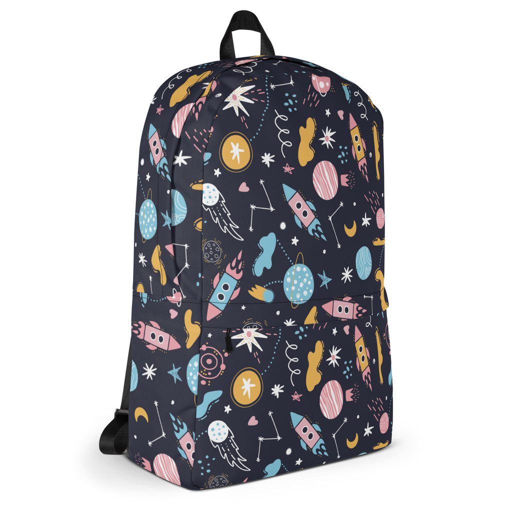 Navy blue kids outer space backpack with colorful rockets planets stars and moons pattern in pastel colors