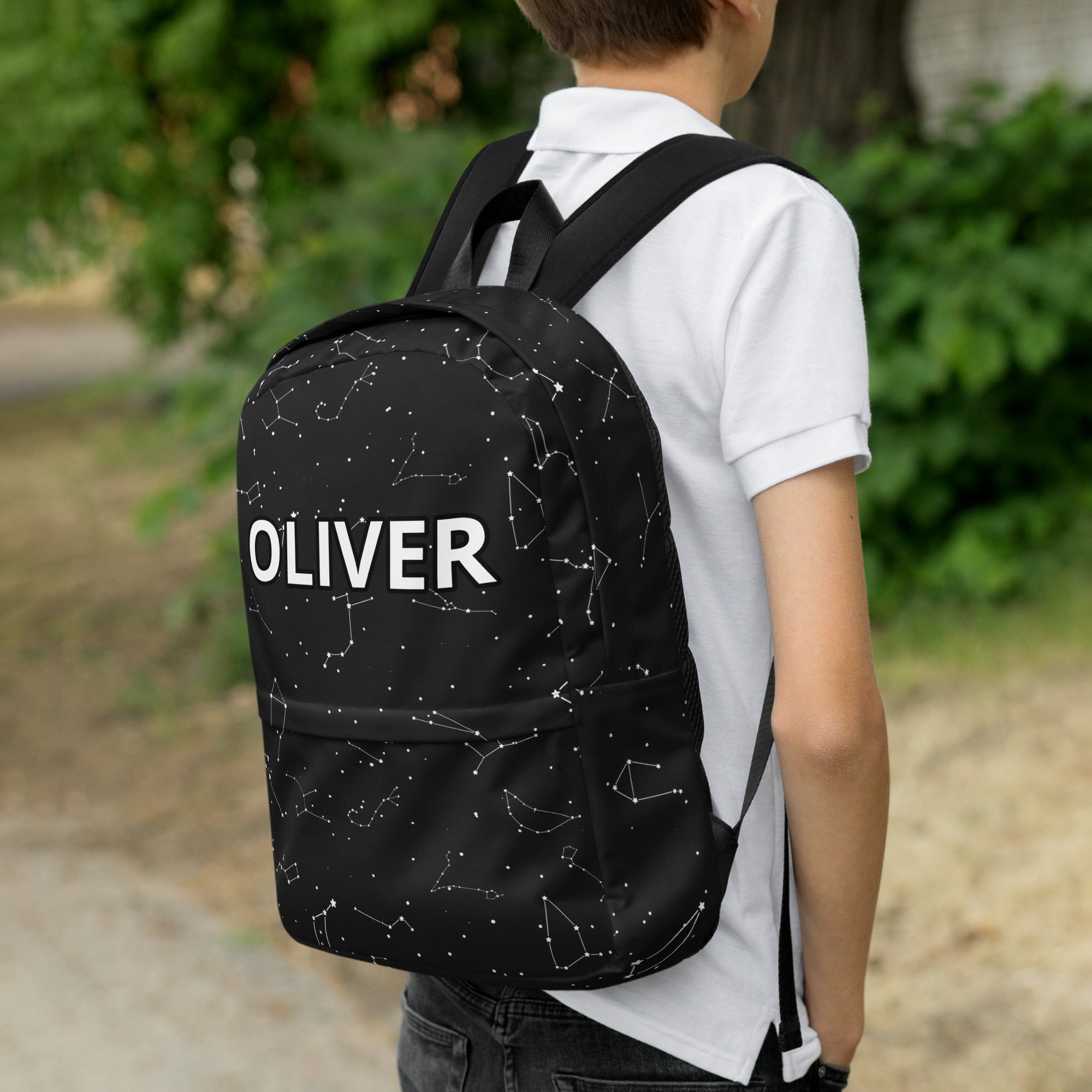 Kids custom name realistic constellations backpack black with white pattern and oliver printed on the front