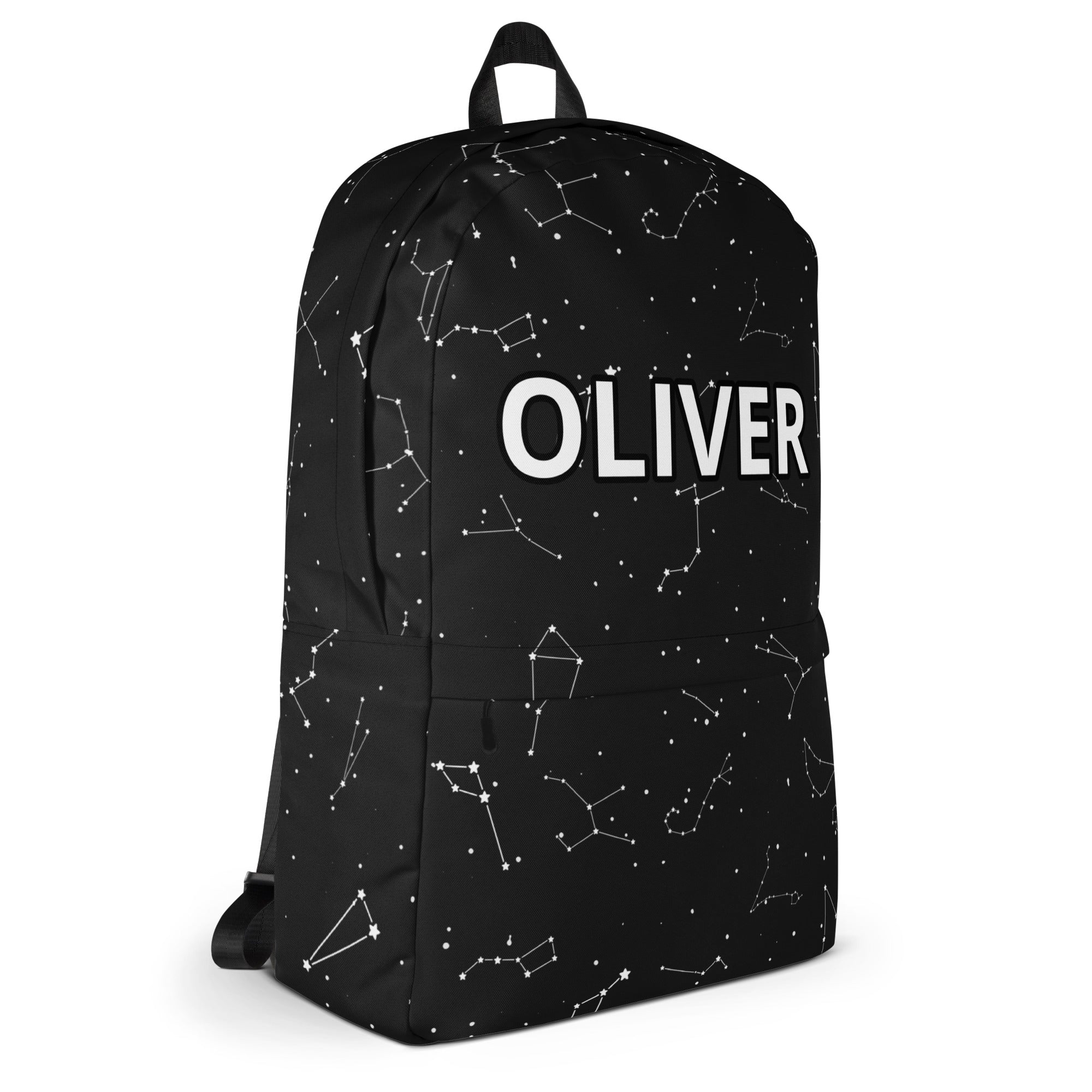 Black kids custom name backpack with white constellation pattern and oliver name in bold block letters on front