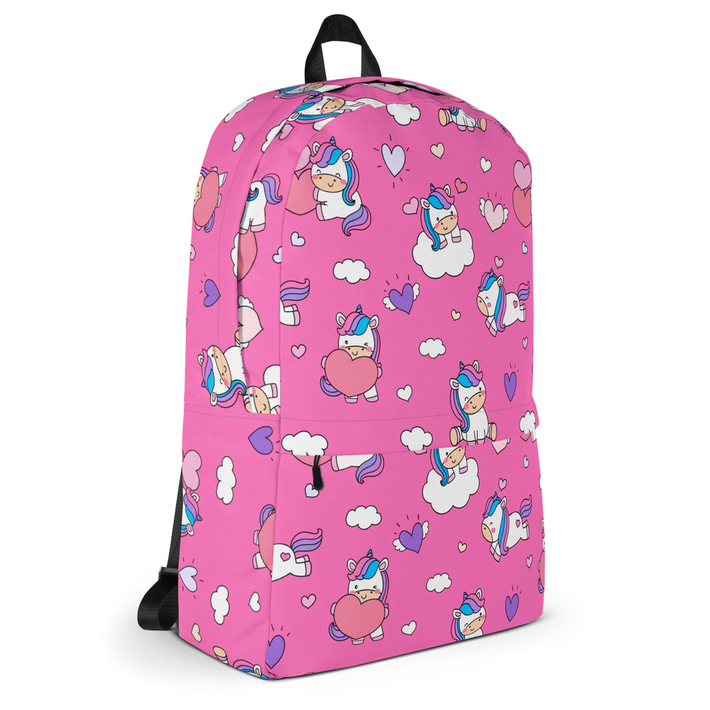Girls unicorn hearts backpack in pink with playful cartoon unicorns hearts and clouds pattern for kids school use