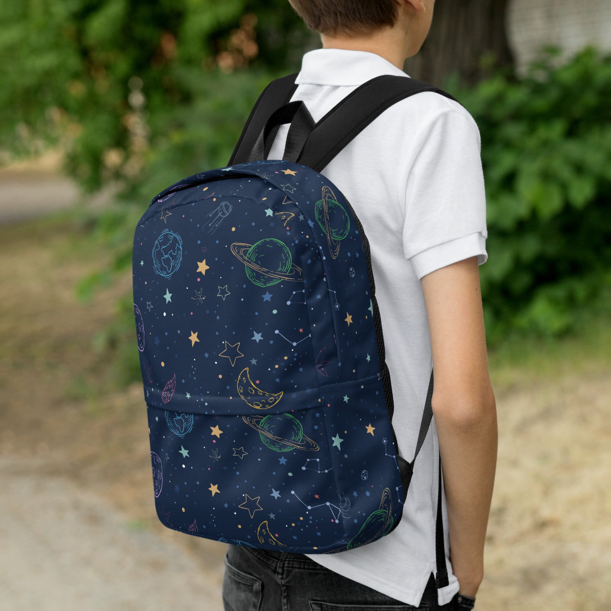 Navy blue kids colorful galaxy space backpack with cosmic design featuring neon green and gold planets stars and constellations