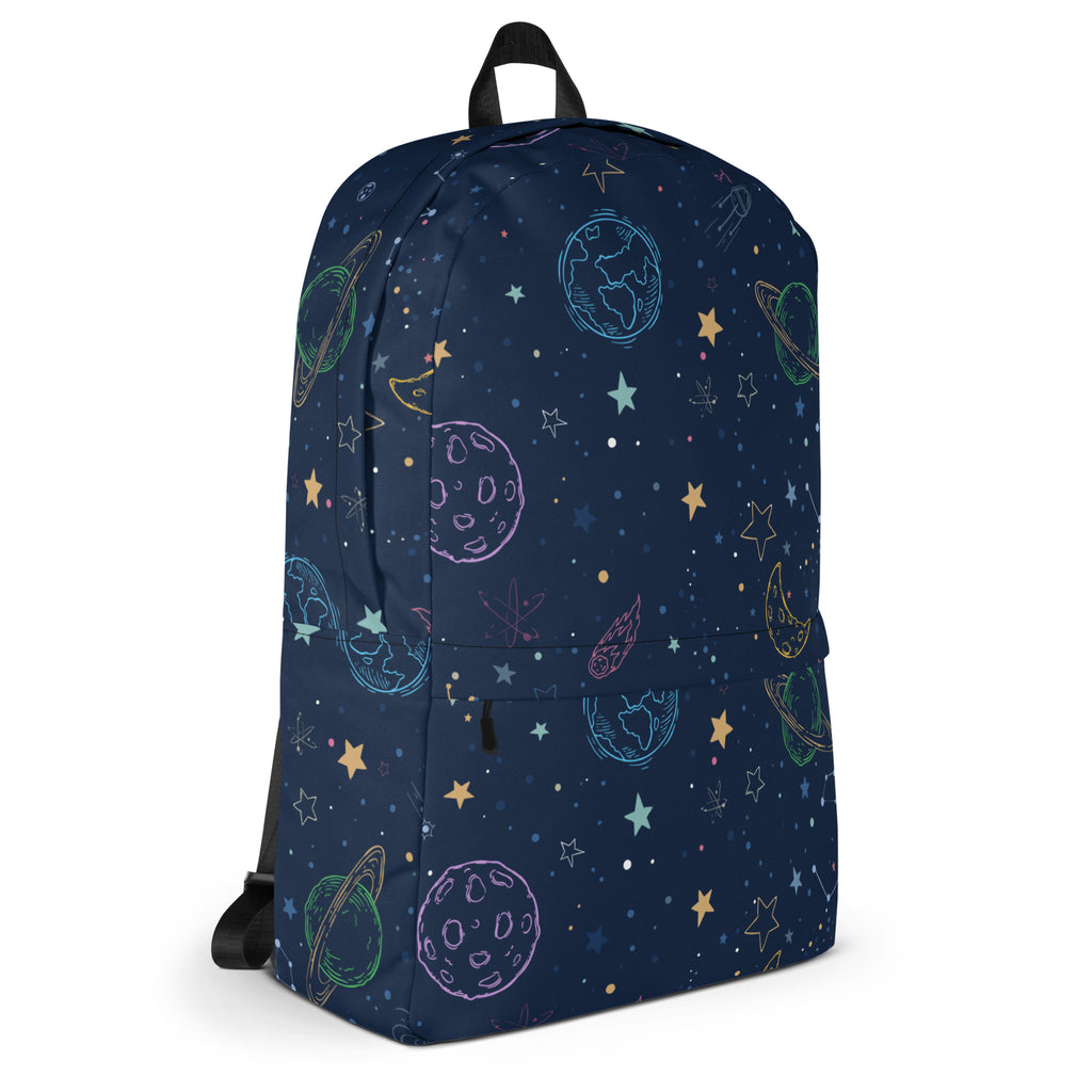 A navy blue kids colorful galaxy space backpack with whimsical hand-drawn pastel planets stars and moons design