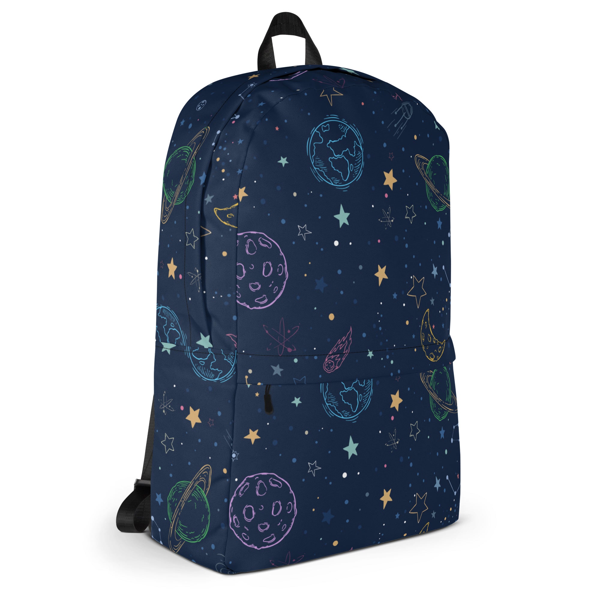 A navy blue kids colorful galaxy space backpack with whimsical hand-drawn pastel planets stars and moons design