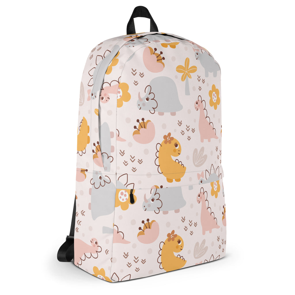 Girls floral dinosaur backpack in pastel colors with playful cartoon dinosaur pattern on a light background