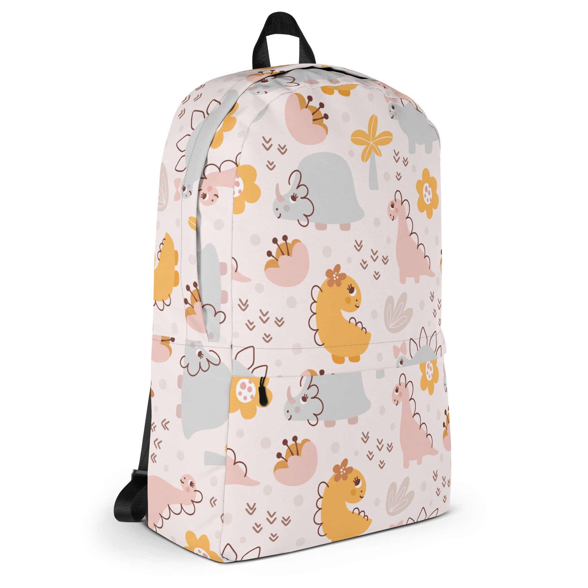 Girls floral dinosaur backpack in pastel colors with playful cartoon dinosaur pattern on a light background