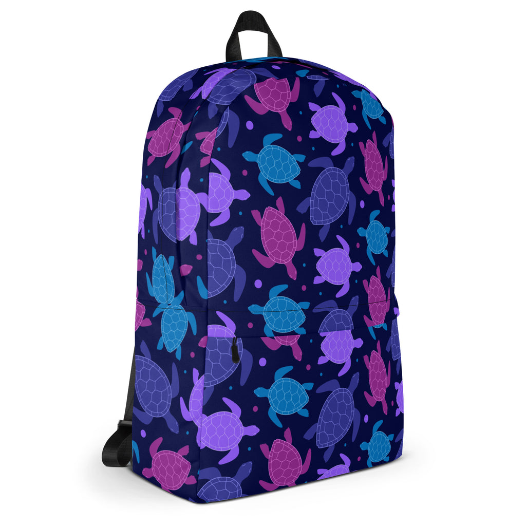 Girls purple sea turtle backpack in navy blue with vibrant purple pink and teal sea turtle pattern for everyday use