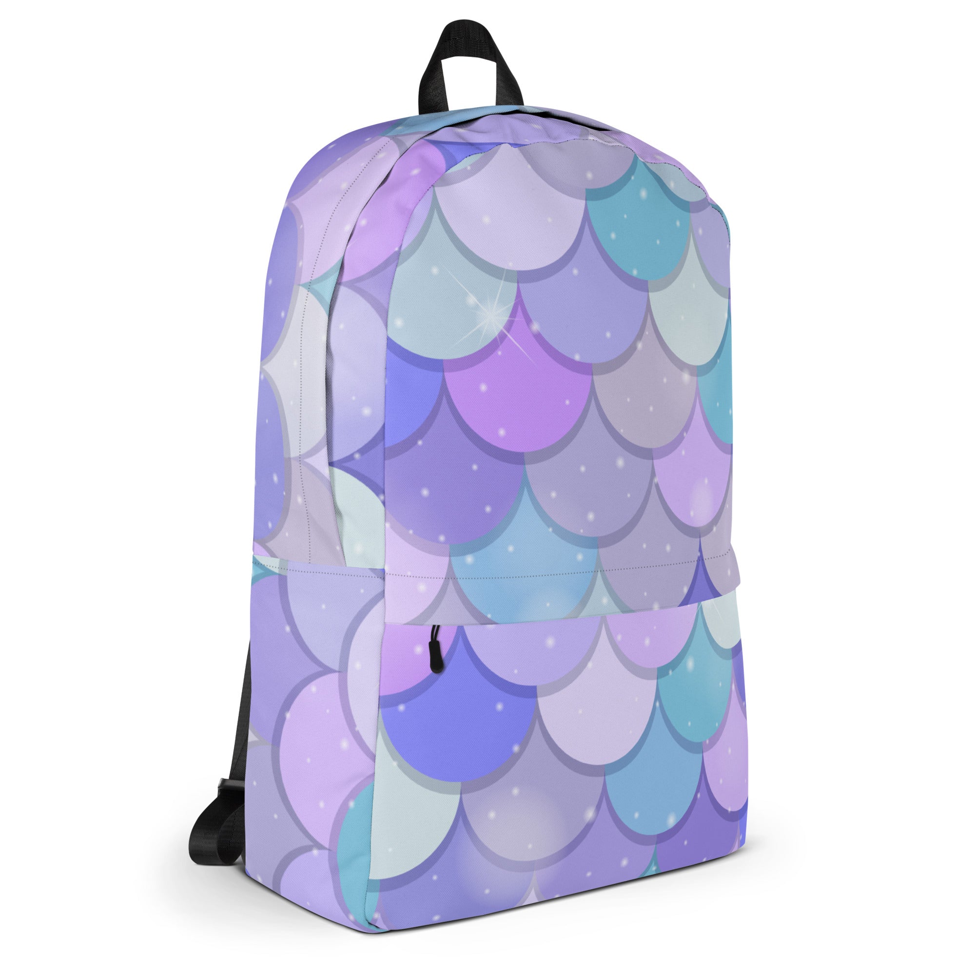 Girls purple mermaid backpack with vibrant iridescent scales in purple and blue with subtle glitter accents