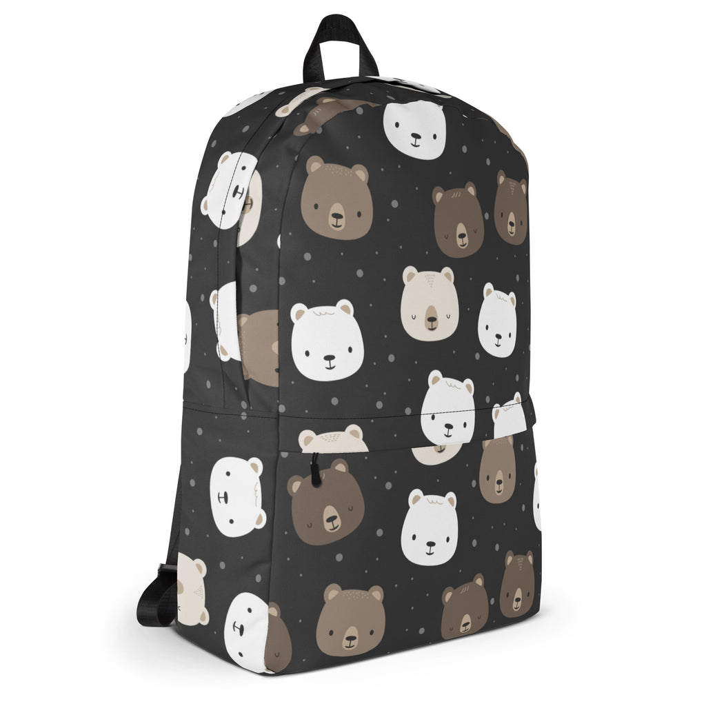 Black kids bear faces backpack with playful white and brown cartoon bears on a dark fabric background