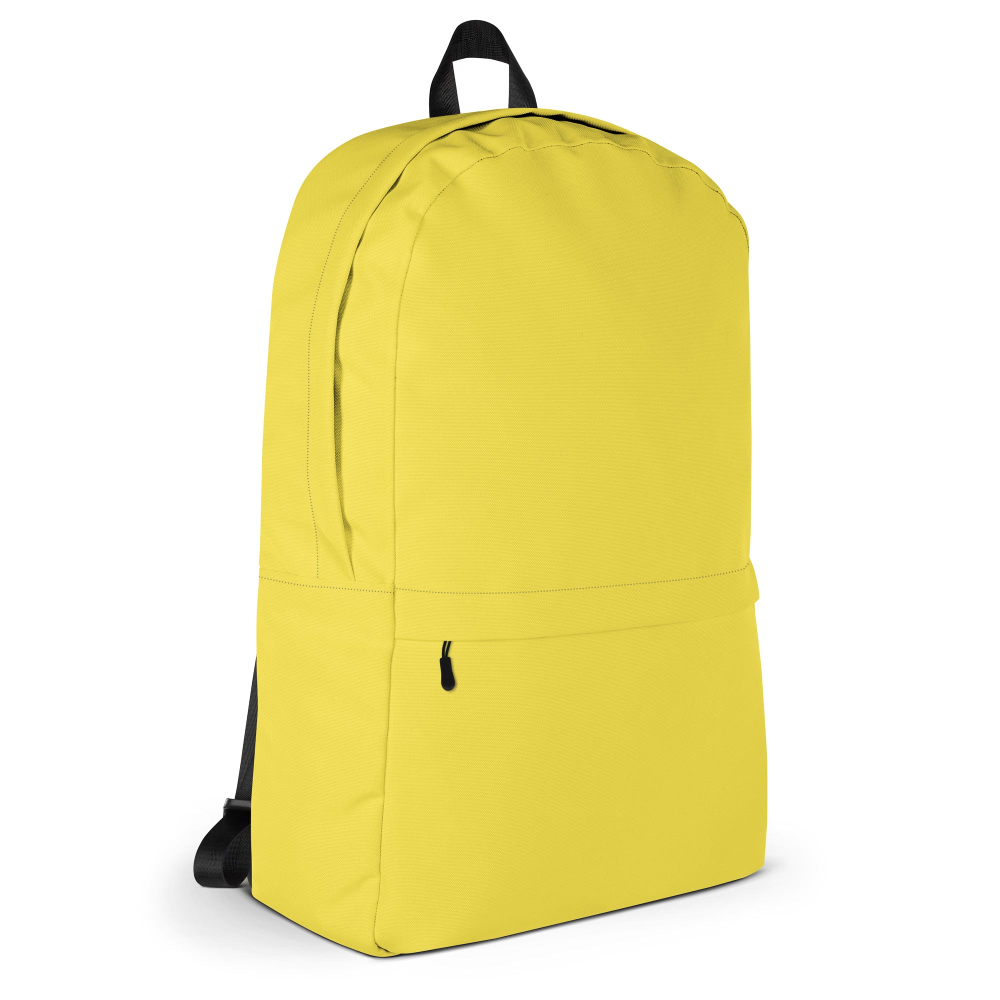 Kids yellow backpack with bright yellow minimalist design, black straps, and top handle for easy carrying