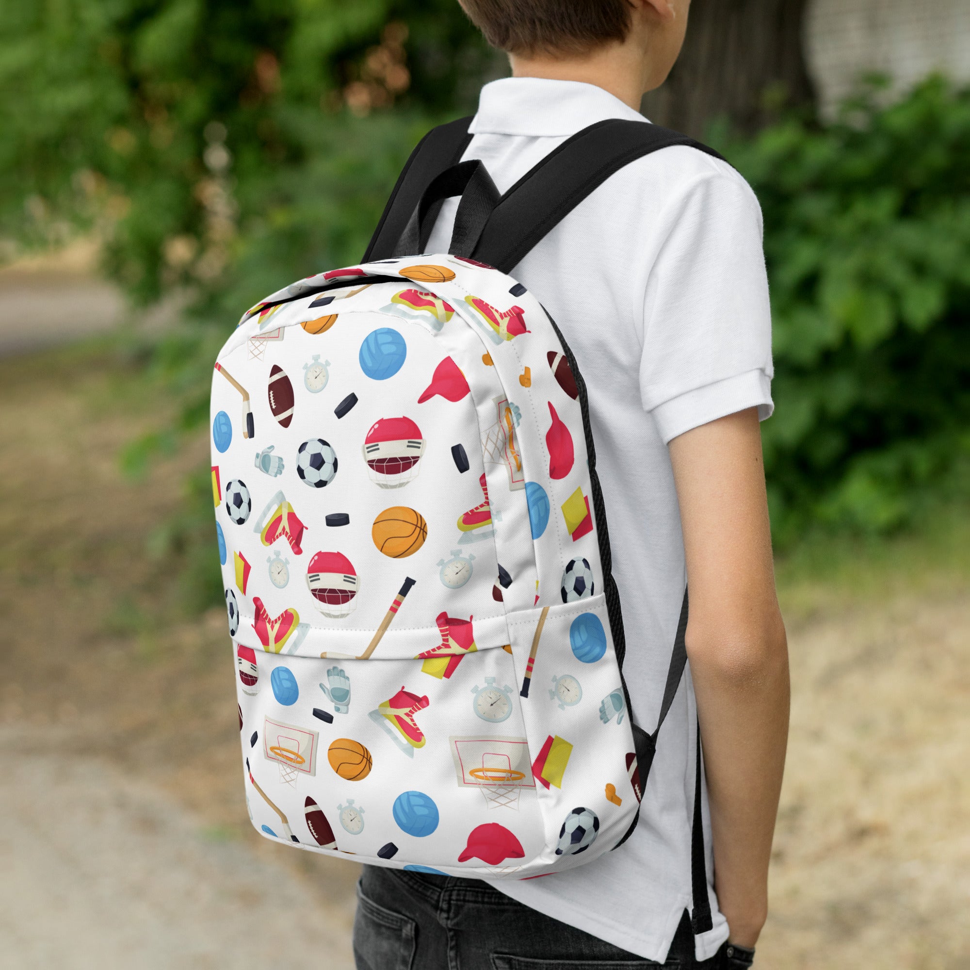 White kids sports themed backpack with colorful graphics and black straps for school and outdoor activities