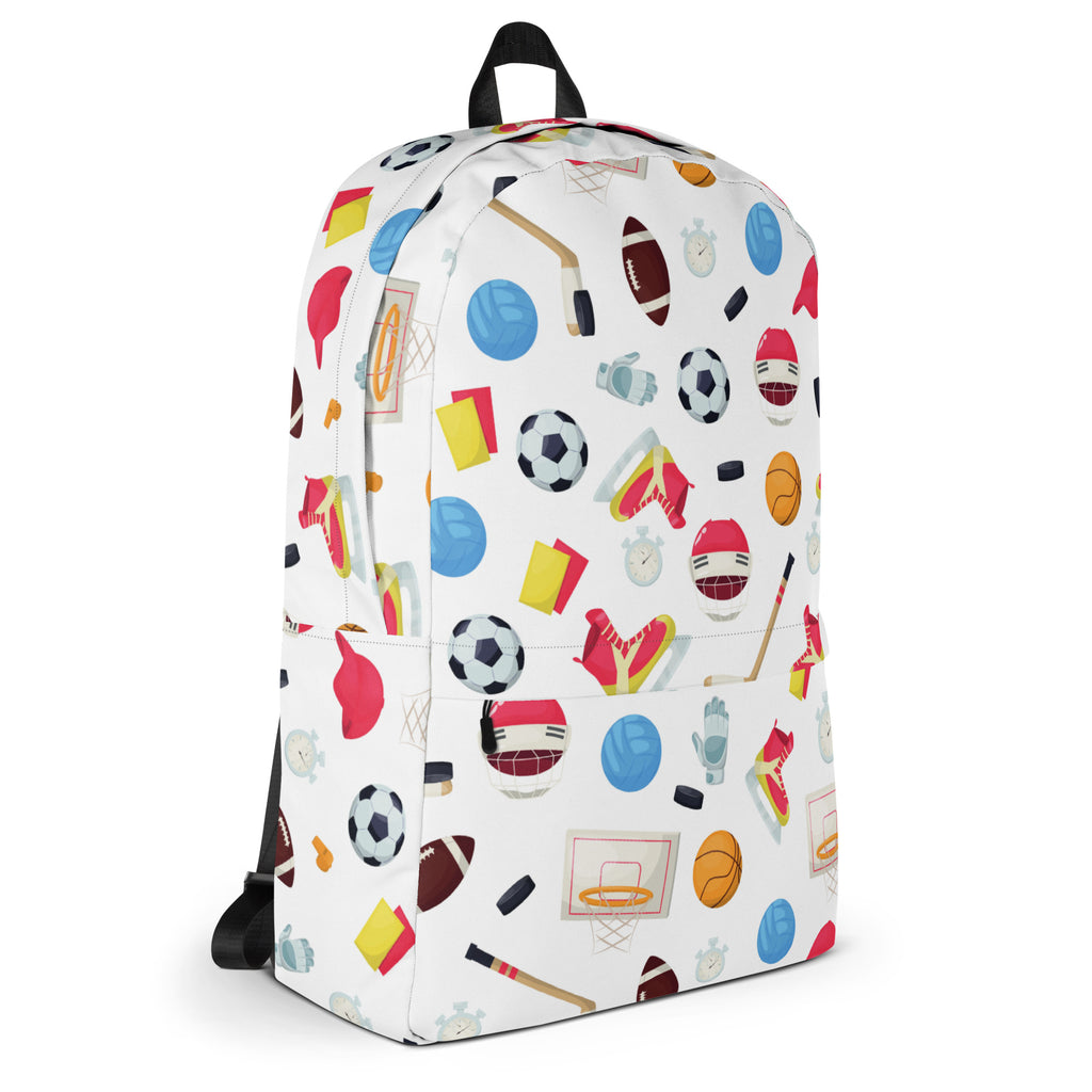 White kids sports themed backpack with colorful cartoon soccer balls basketballs hockey sticks and athletic gear pattern