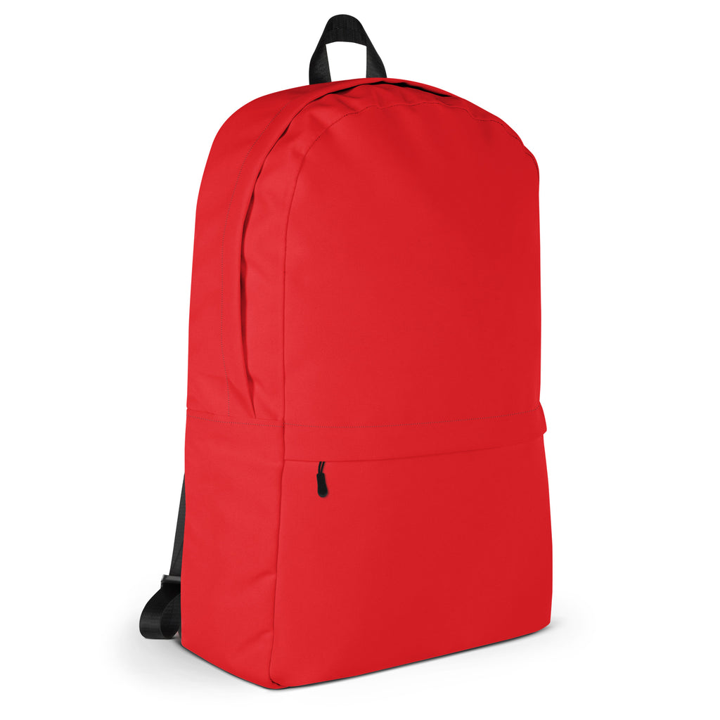 Kids red backpack with black zippers and shoulder straps featuring a minimalist design