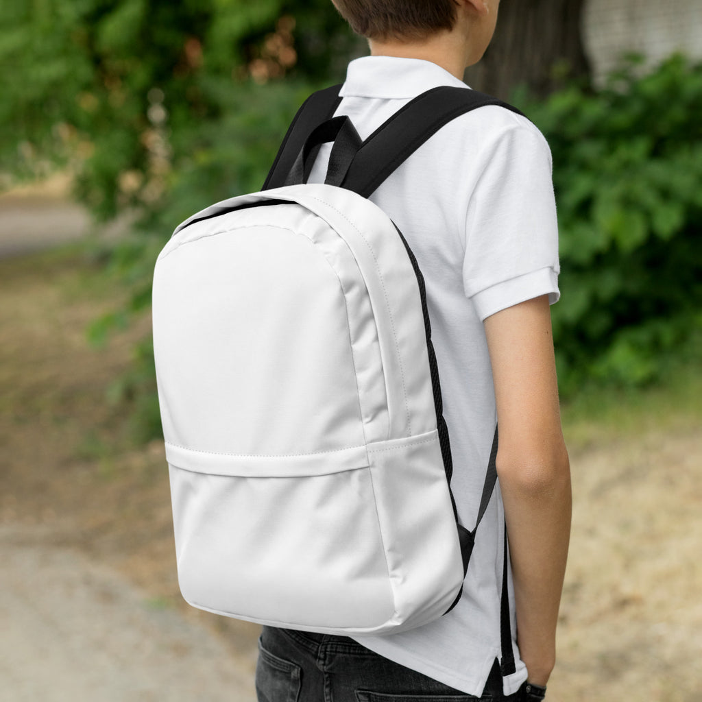 Kids white backpack with black straps showing the back side and a simple minimalist design