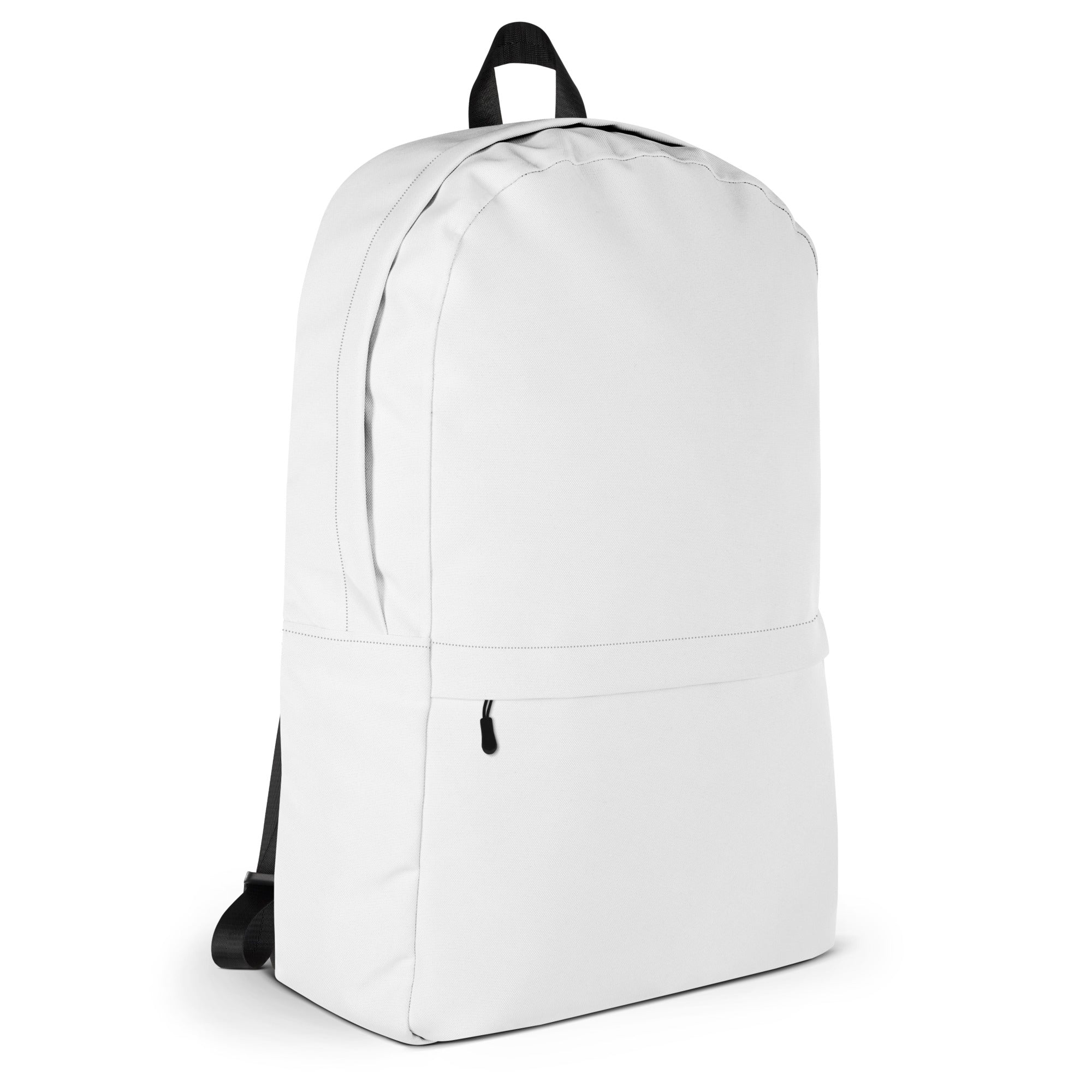 Kids white backpack with a minimalist design featuring black straps and a top handle for easy carrying