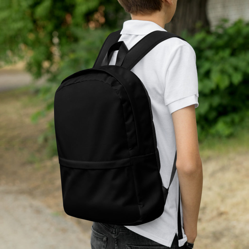 Kids black backpack made of nylon with adjustable shoulder straps and a front pocket for easy storage