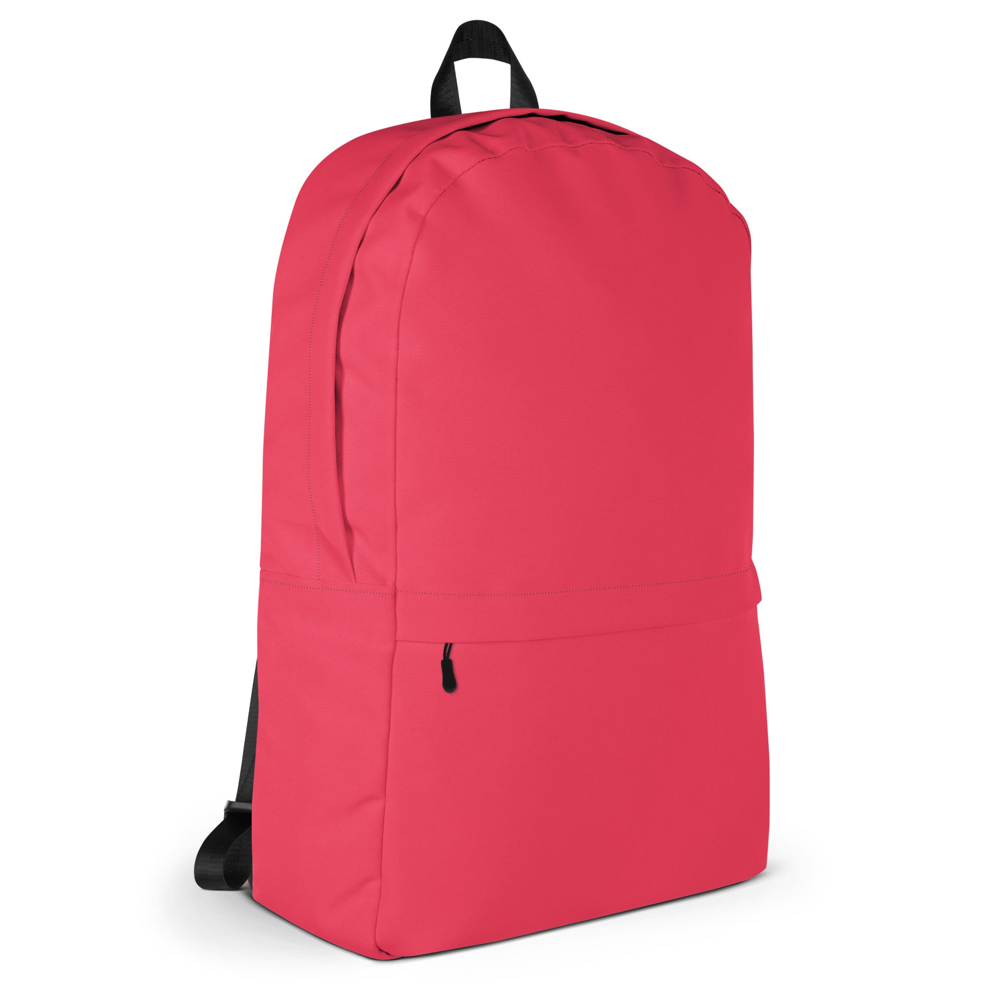 A vibrant red minimalist girls pink backpack with black zippers and a top handle made of durable material