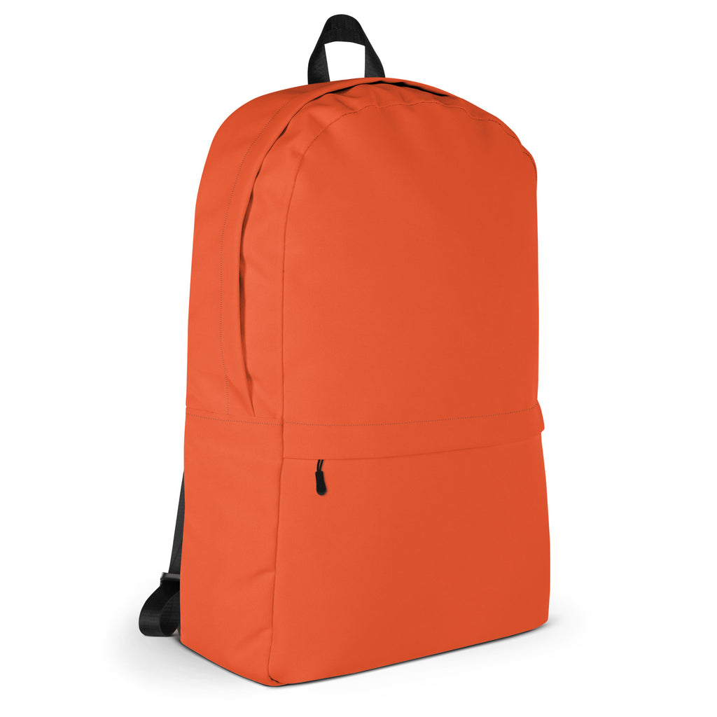 Kids orange backpack made of canvas with black straps and top handle visible from the front side