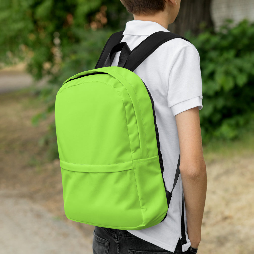 Kids lime green backpack with bright lime green color black straps and front pocket for school use