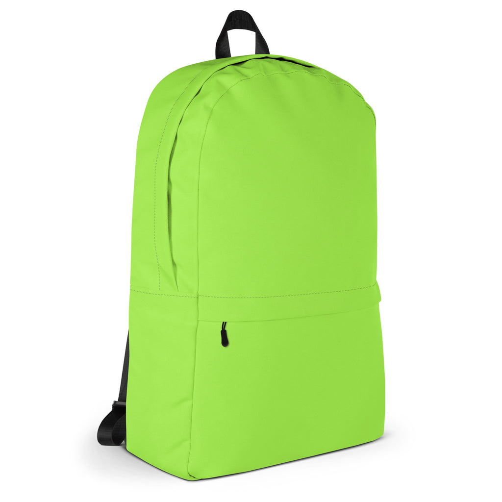 Kids lime green backpack with bright lime green minimalist design and black straps and top handle visible from front